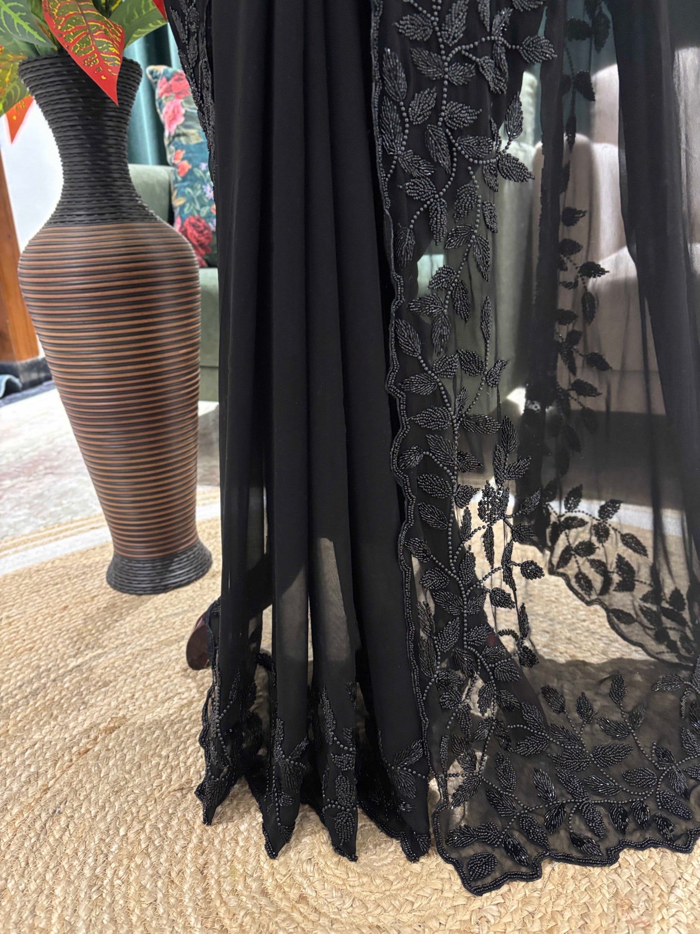 Black Floral Embroidered Georgette Saree Elegant Partywear Style