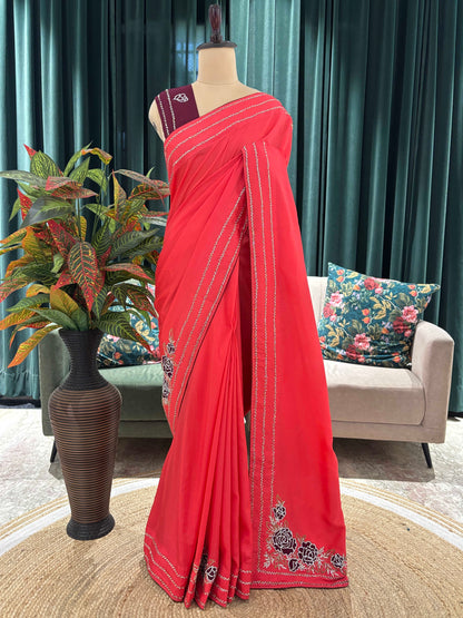 Saree with Floral Embroidery and Stone Border
