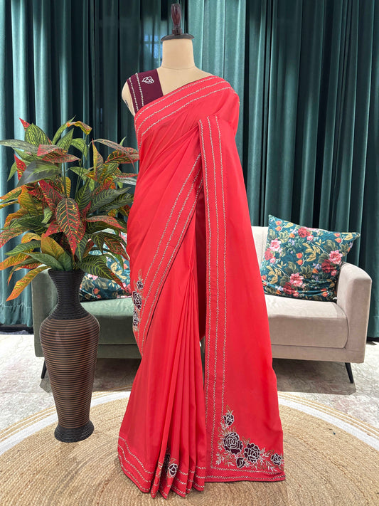 Saree with Floral Embroidery and Stone Border