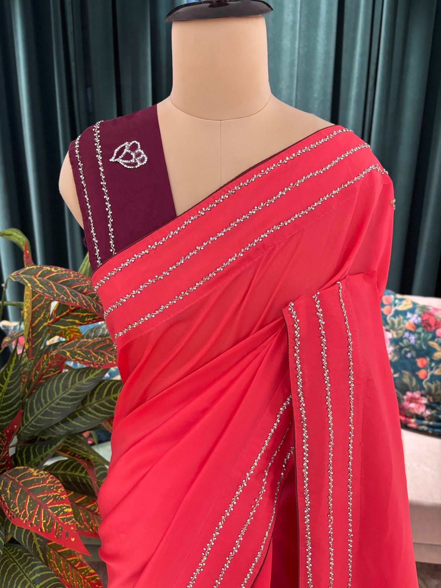 Saree with Floral Embroidery and Stone Border