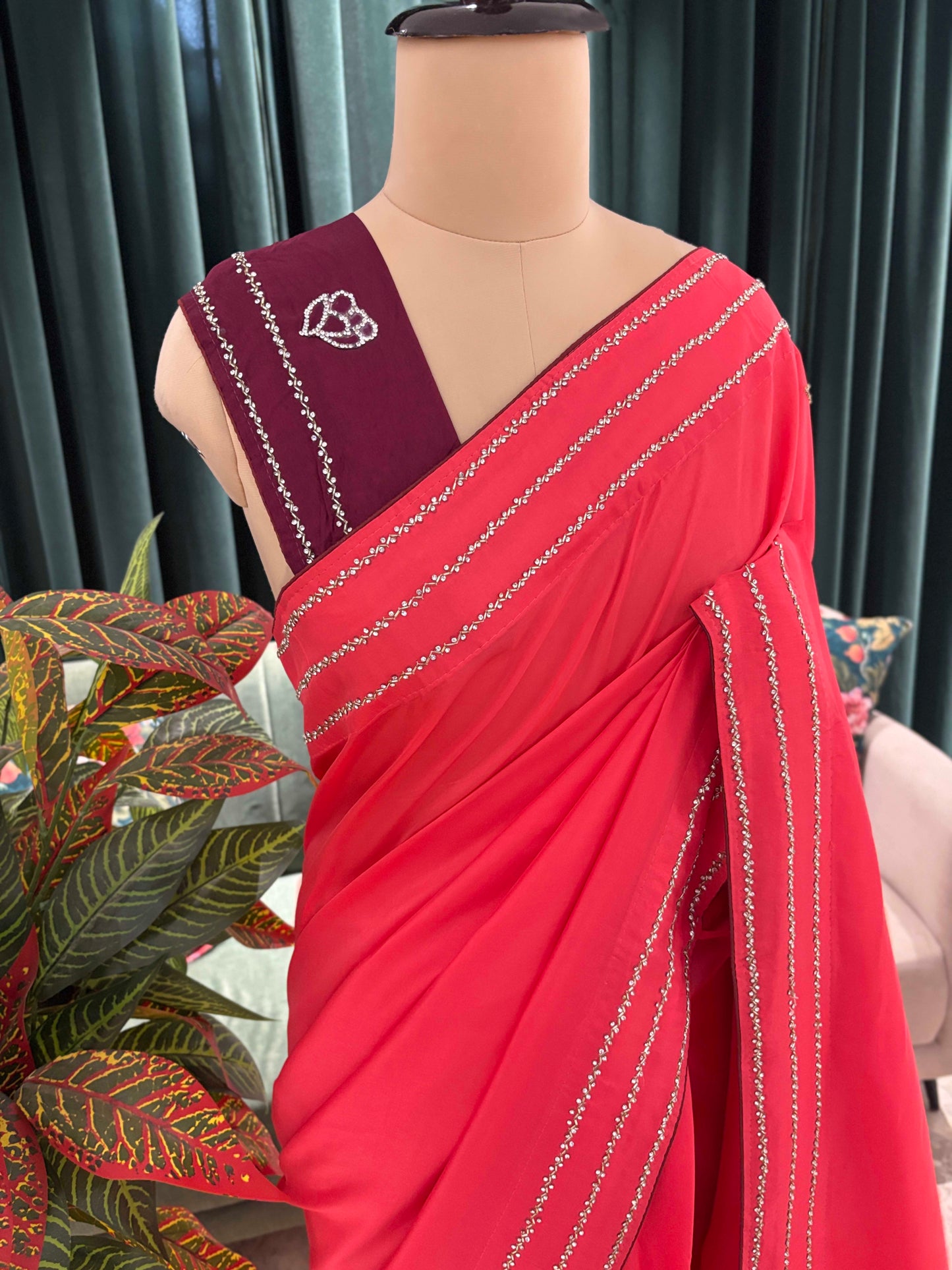 Saree with Floral Embroidery and Stone Border