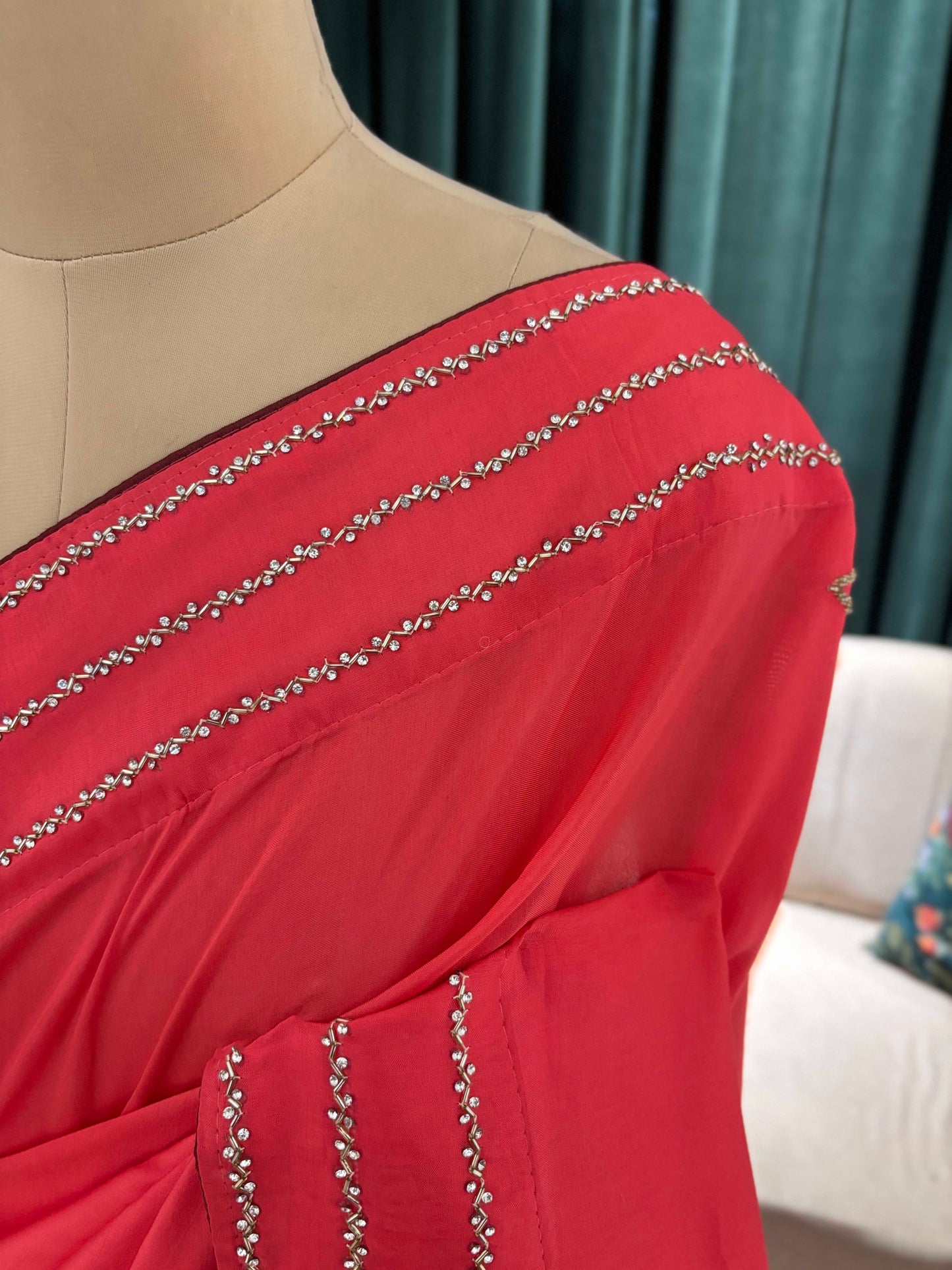 Saree with Floral Embroidery and Stone Border