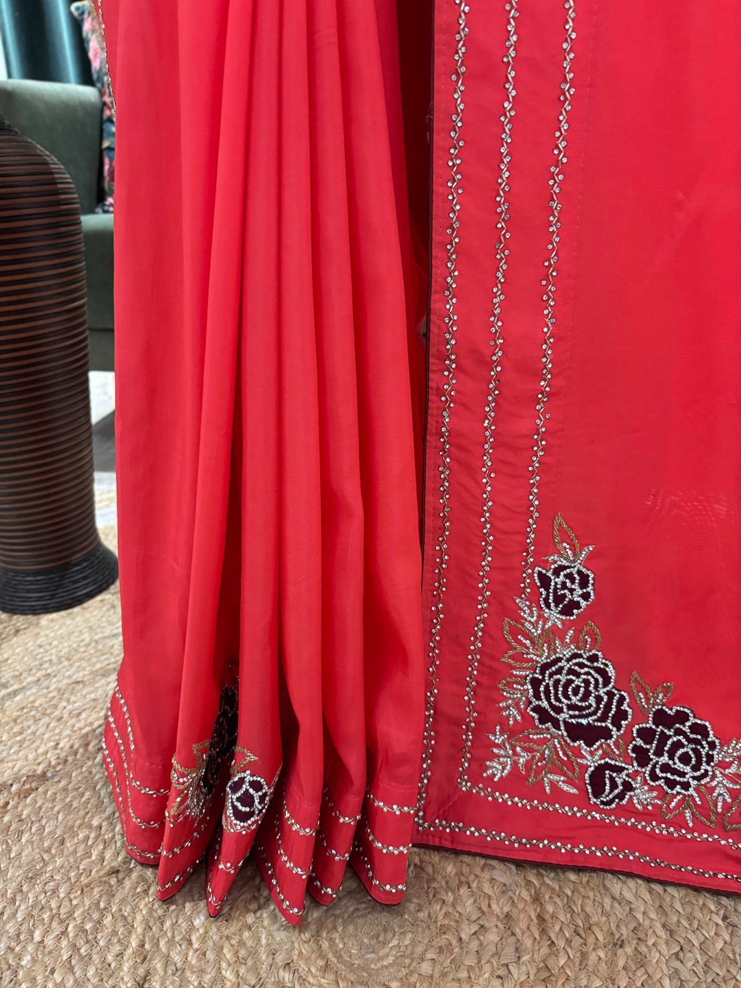 Saree with Floral Embroidery and Stone Border