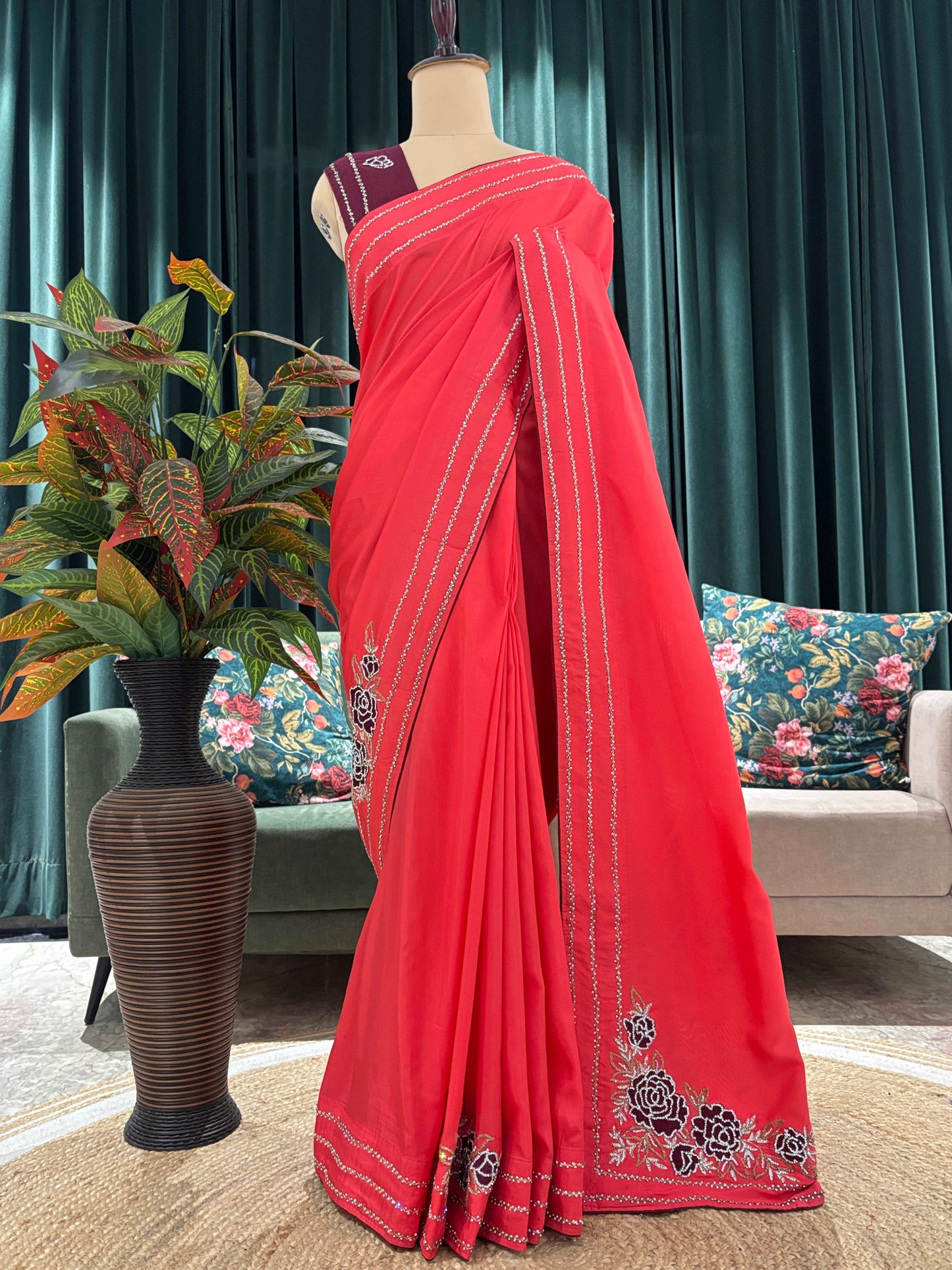 Saree with Floral Embroidery and Stone Border