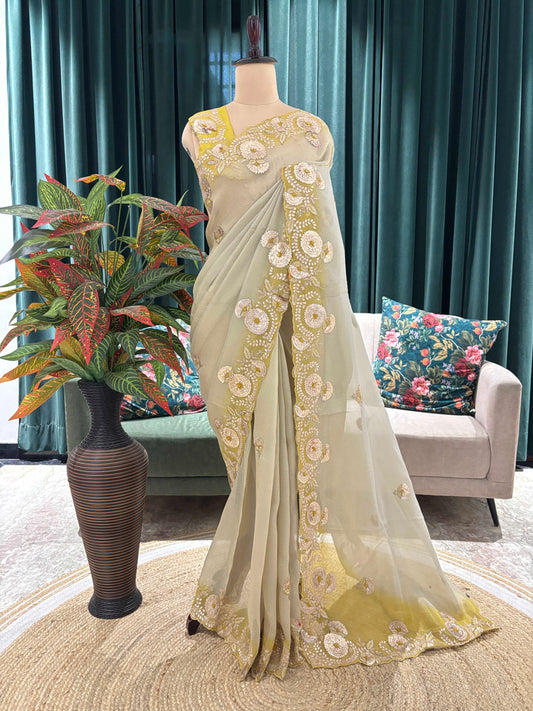 Pastel Green Floral Embroidered Saree with Elegant Border