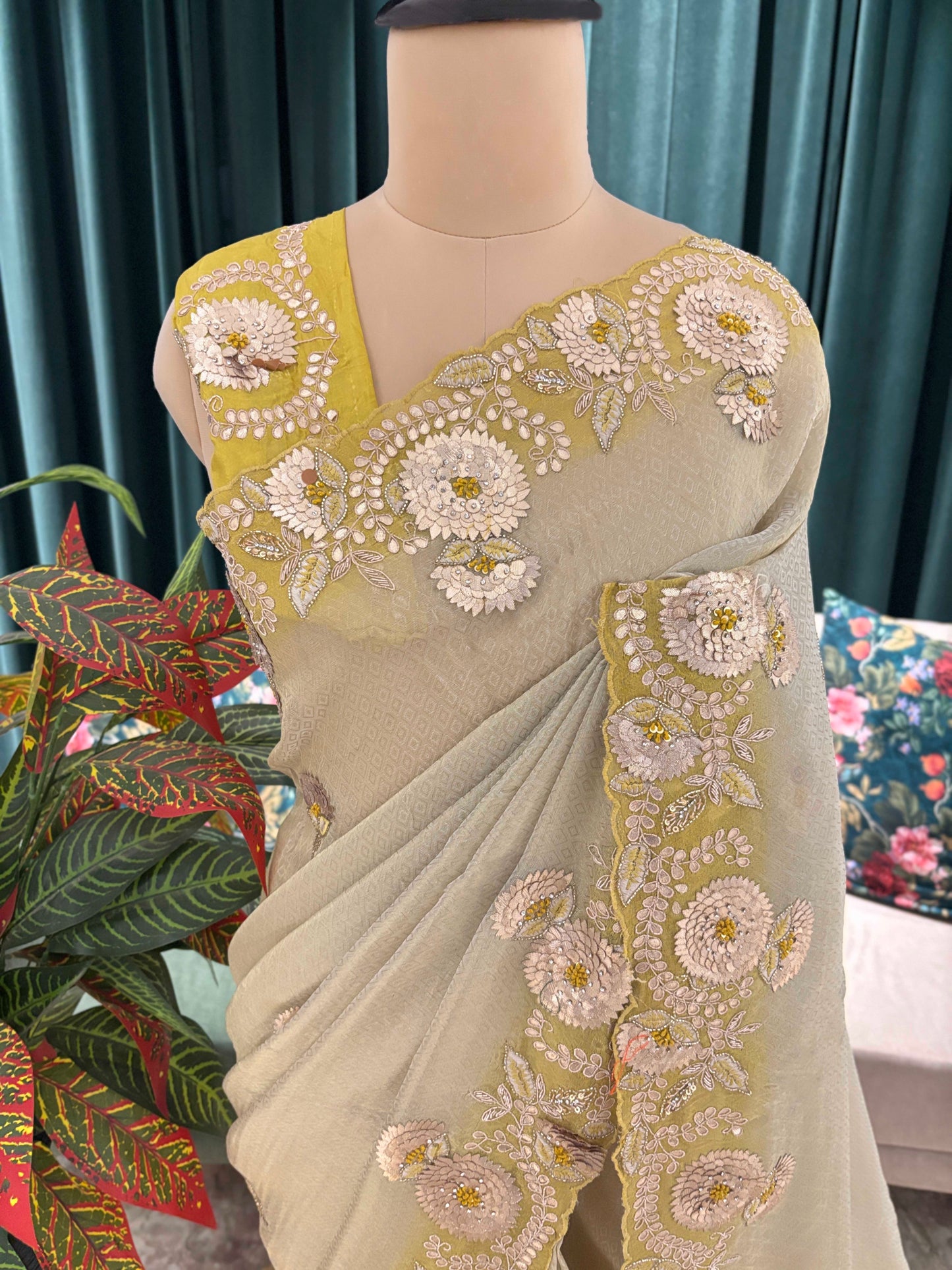 Pastel Green Floral Embroidered Saree with Elegant Border