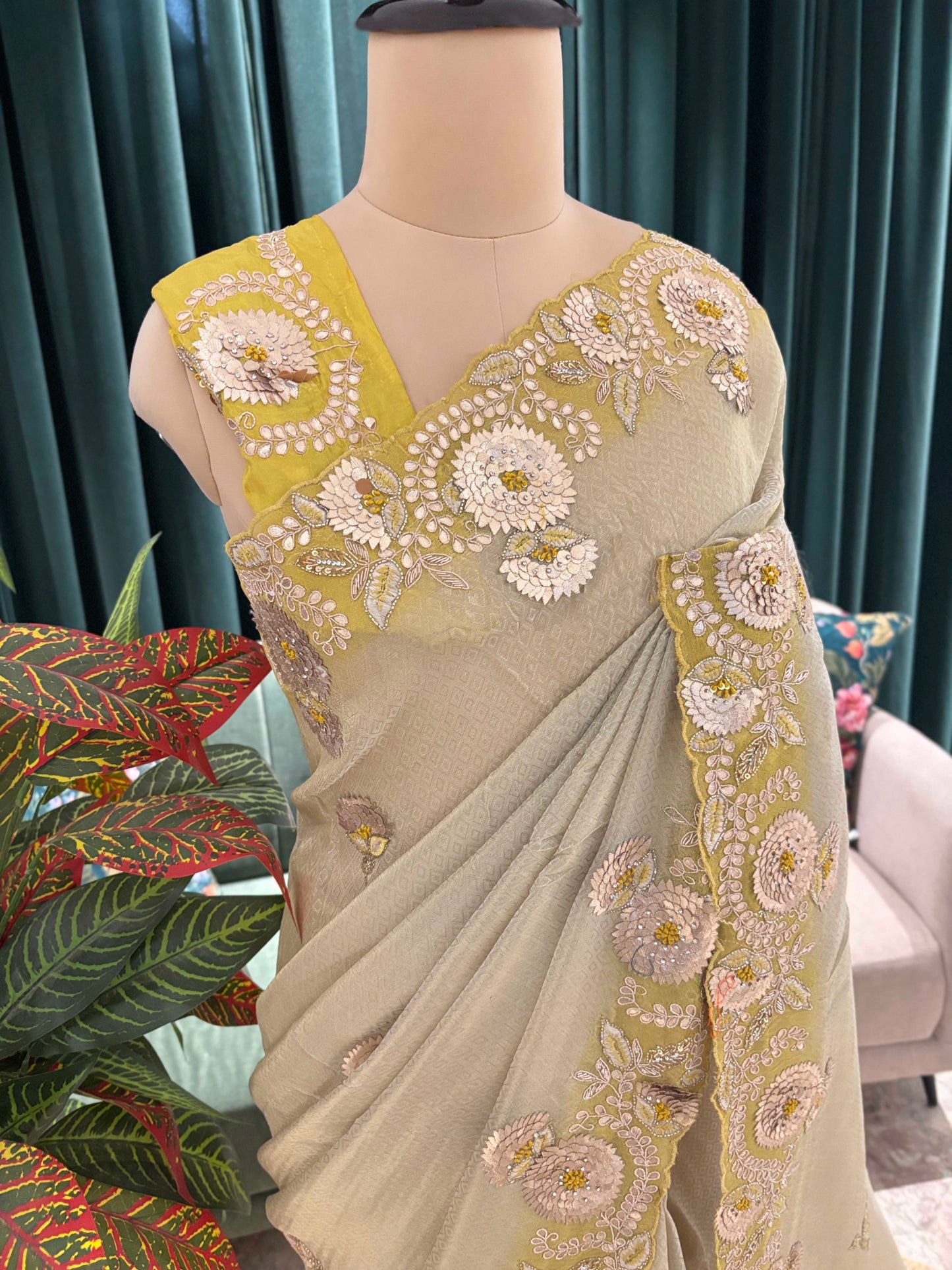 Pastel Green Floral Embroidered Saree with Elegant Border