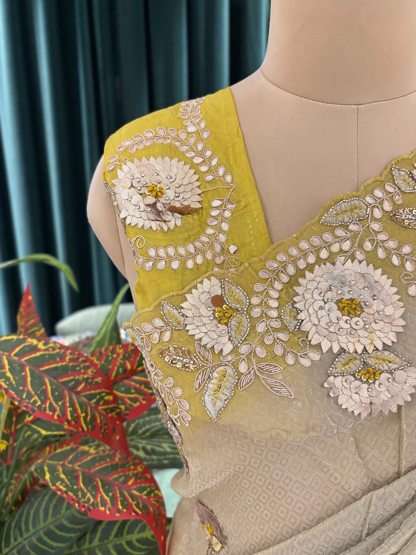 Pastel Green Floral Embroidered Saree with Elegant Border