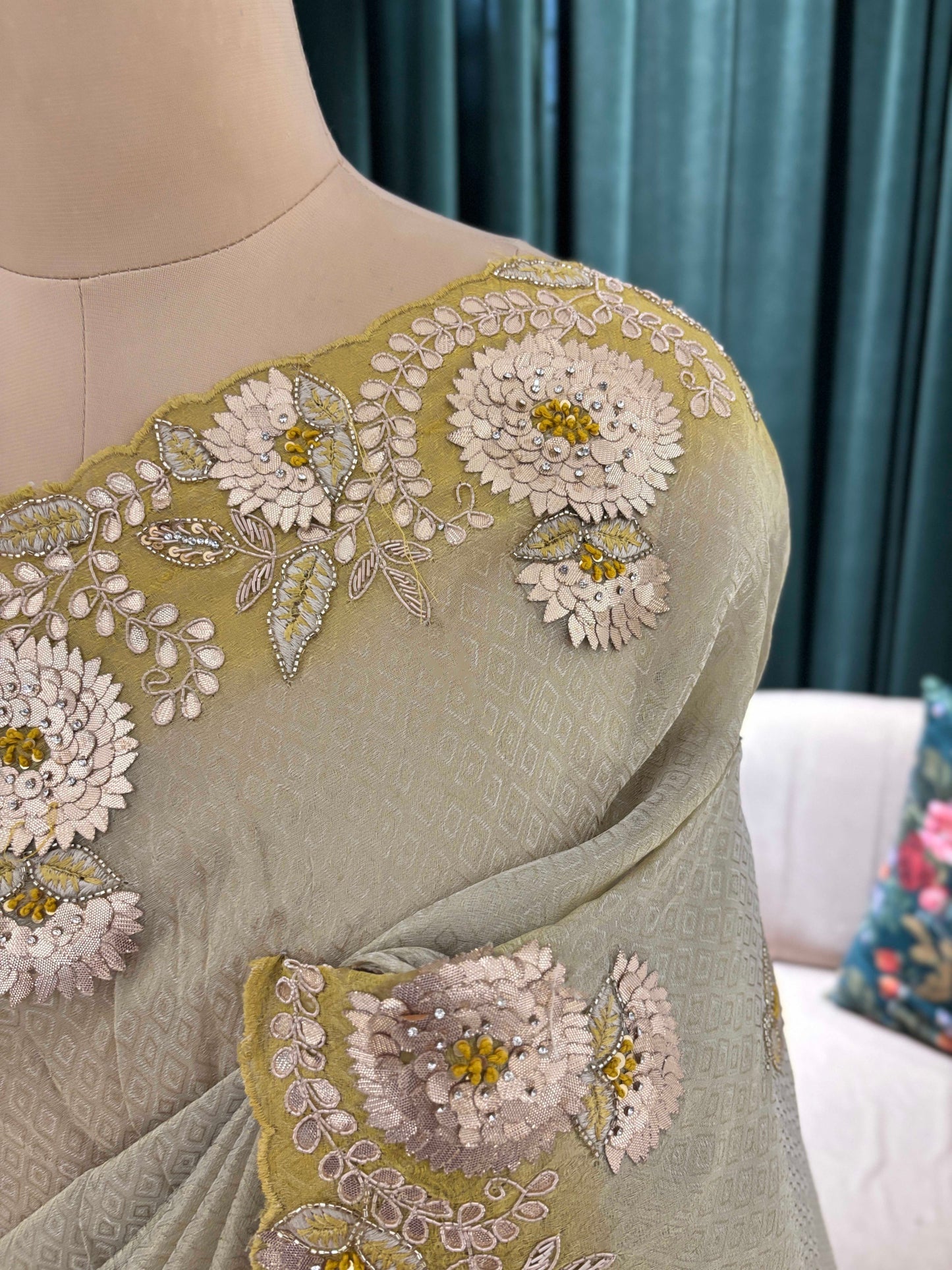 Pastel Green Floral Embroidered Saree with Elegant Border