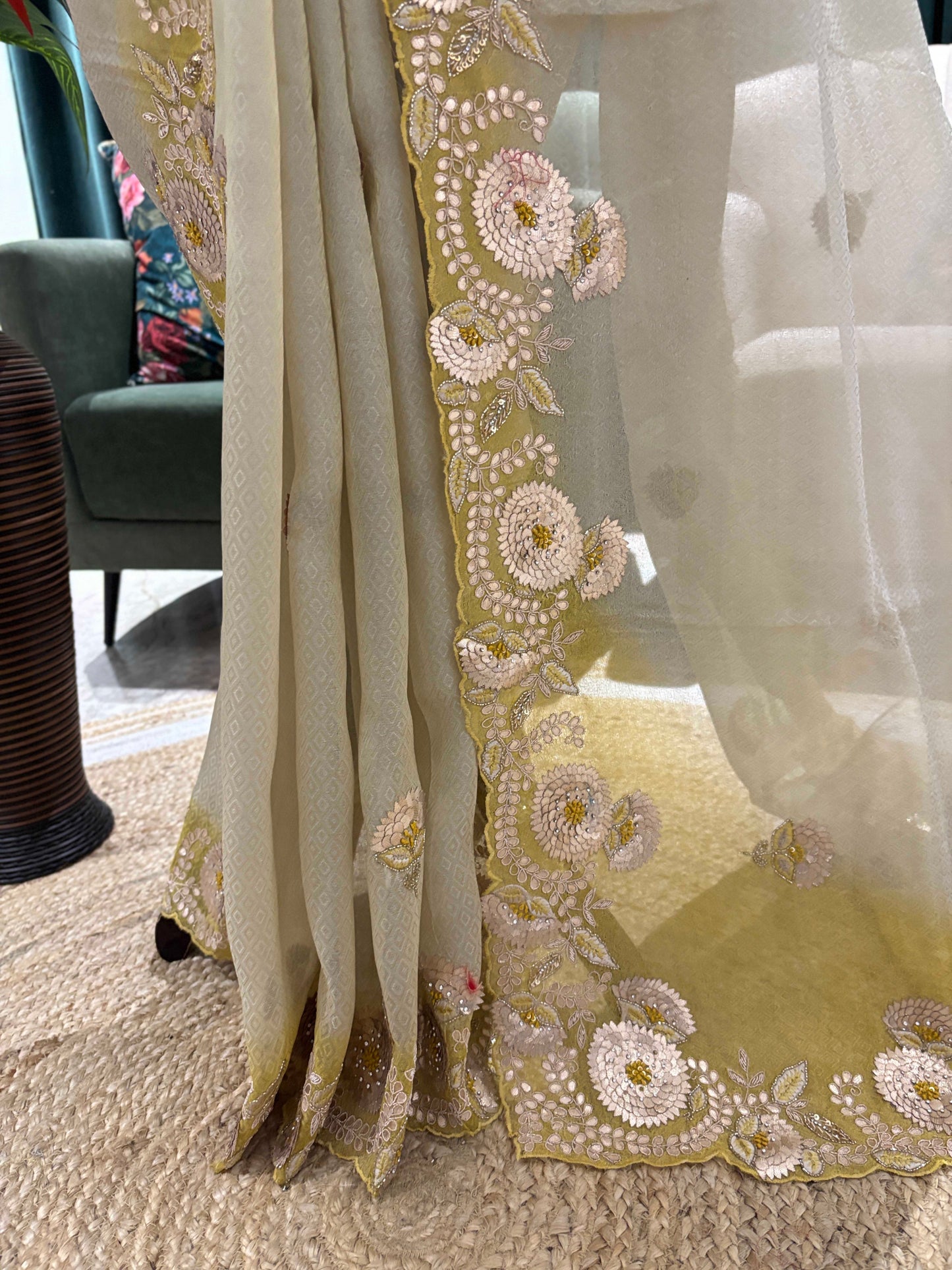 Pastel Green Floral Embroidered Saree with Elegant Border