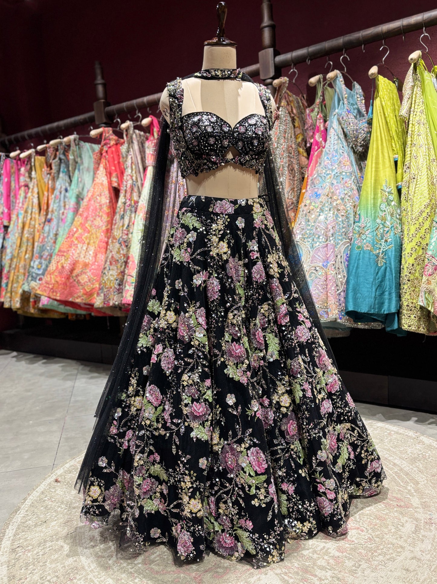 Black Floral Embroidered Designer Lehenga Choli with Dupatta