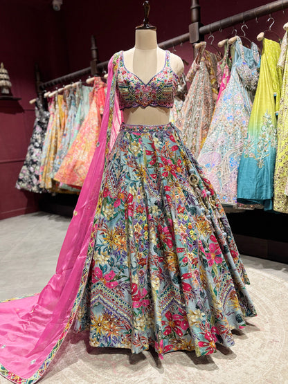 Multi-Color Floral Printed Designer Lehenga Choli with Pink Dupatta
