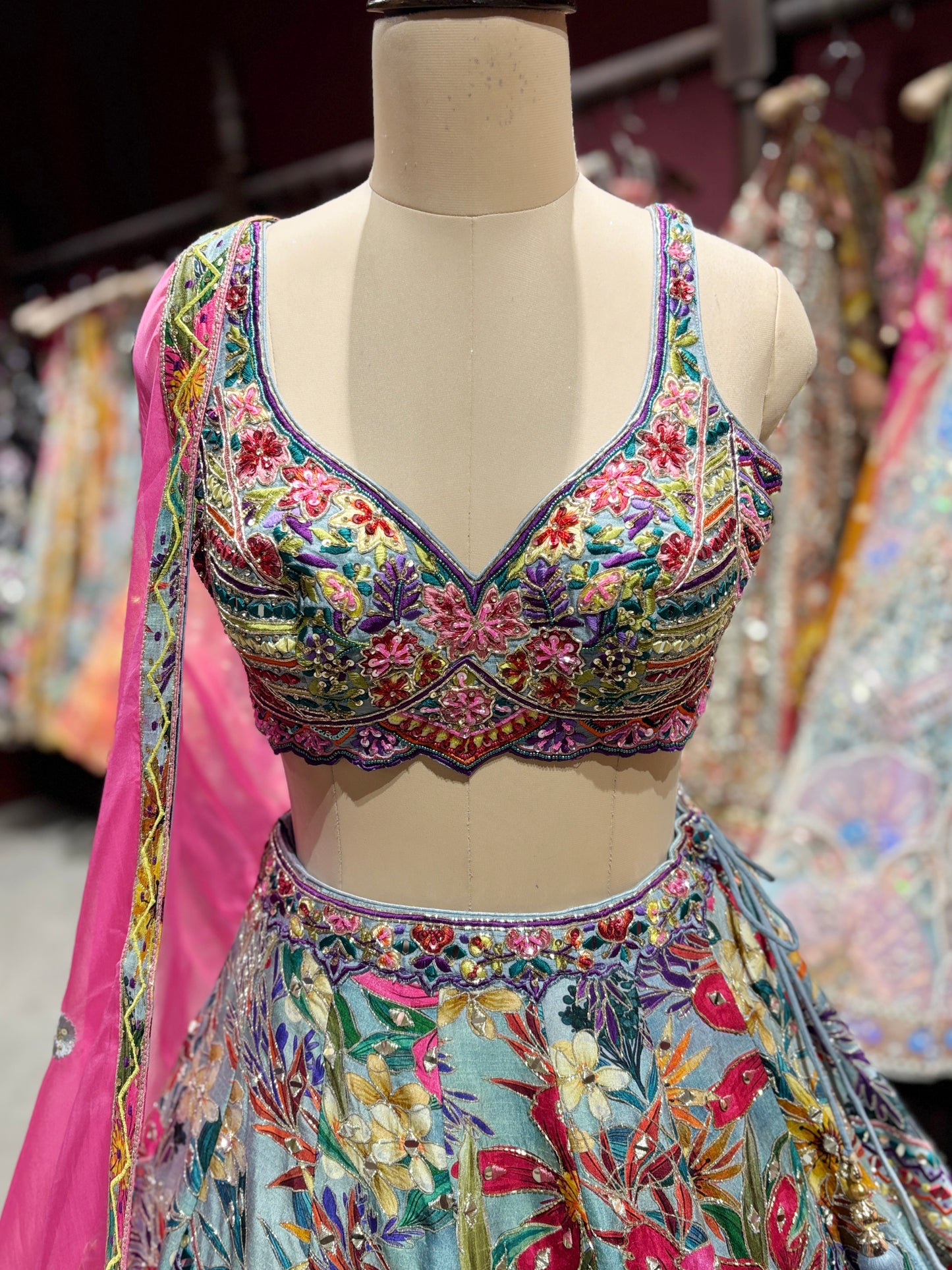 Multi-Color Floral Printed Designer Lehenga Choli with Pink Dupatta