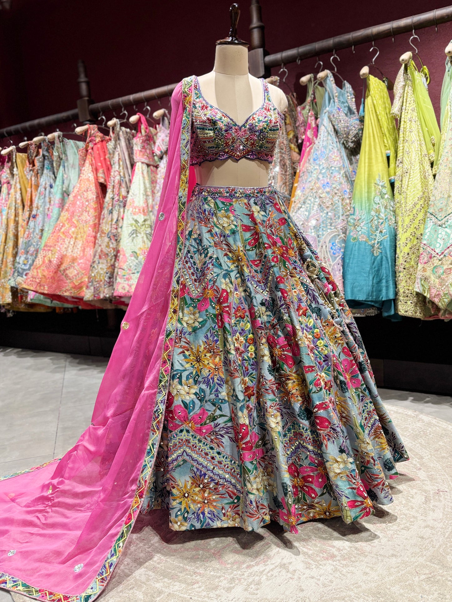 Multi-Color Floral Printed Designer Lehenga Choli with Pink Dupatta