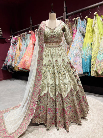 Ivory Pink Heavy Embroidered Lehenga Choli with Dupatta