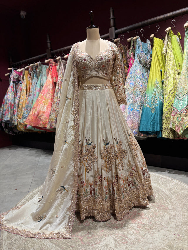 Ivory Gold Embroidered Lehenga With Floral & Bird Motifs