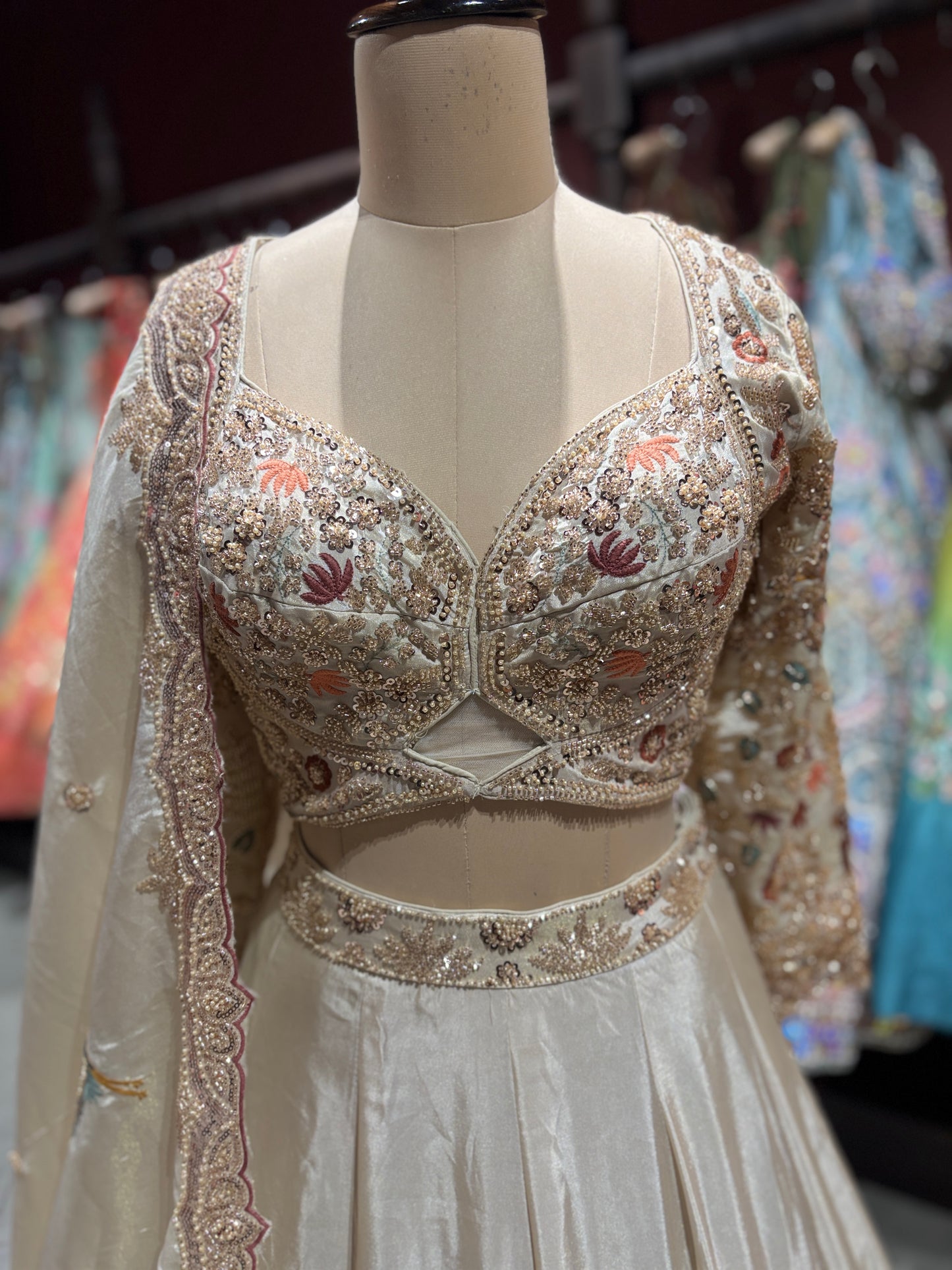 Ivory Gold Embroidered Lehenga With Floral & Bird Motifs