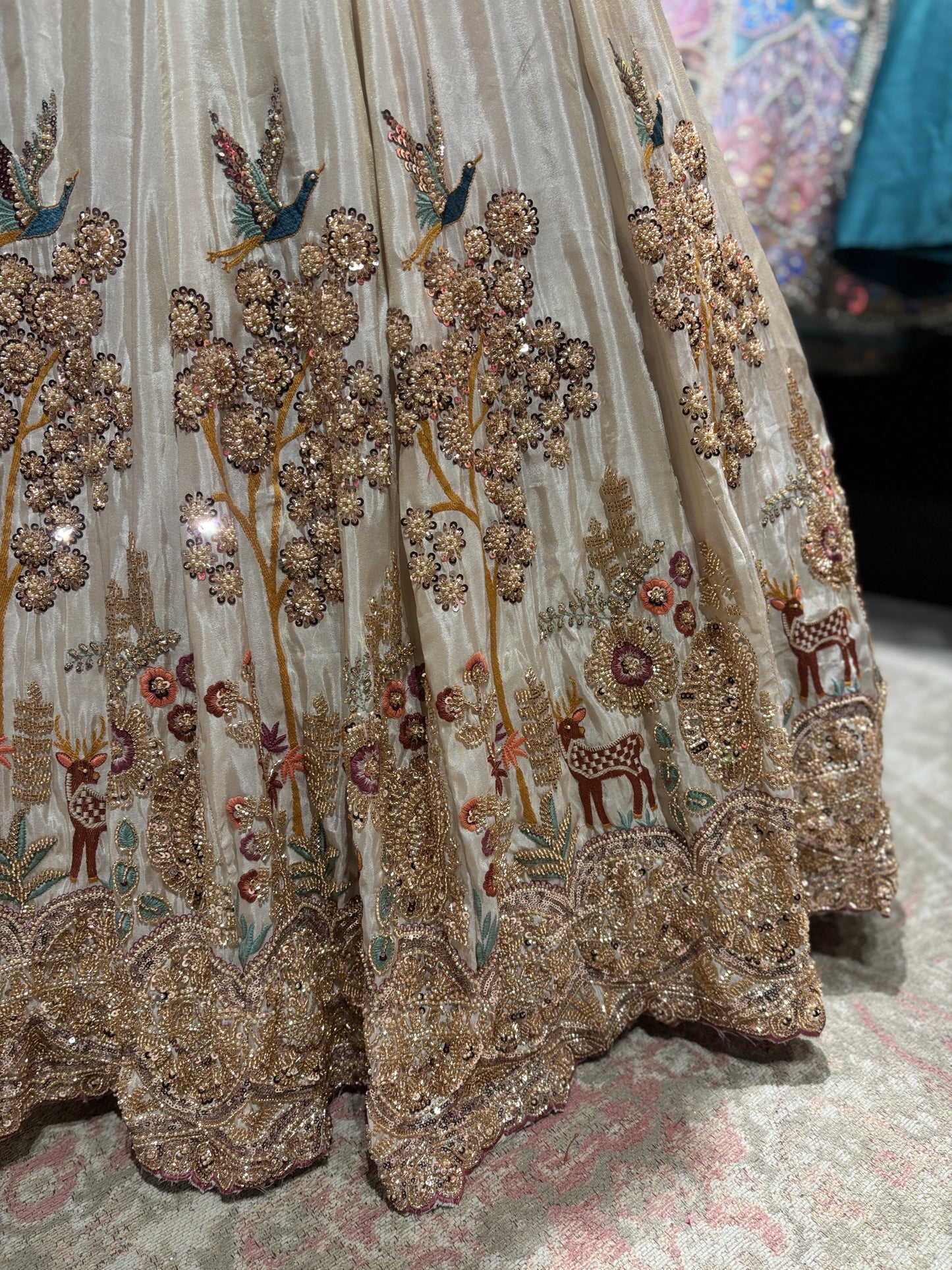Ivory Gold Embroidered Lehenga With Floral & Bird Motifs