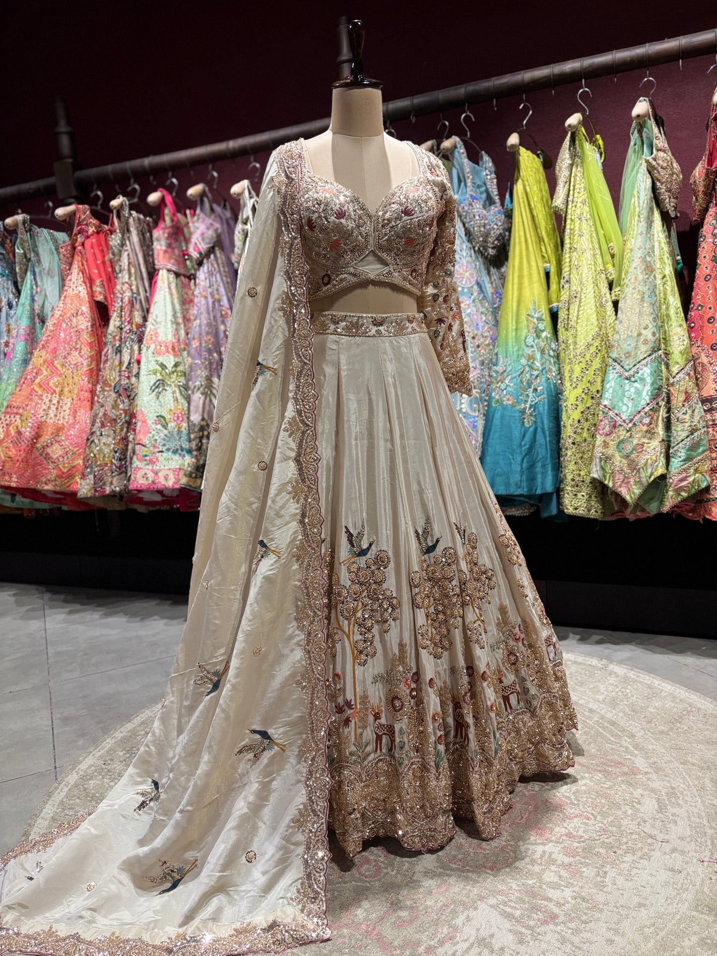 Ivory Gold Embroidered Lehenga With Floral & Bird Motifs