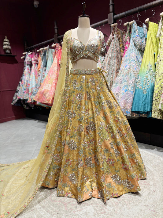 Golden Mustard Silk Lehenga with Mirror & Zari Embroidered Blouse