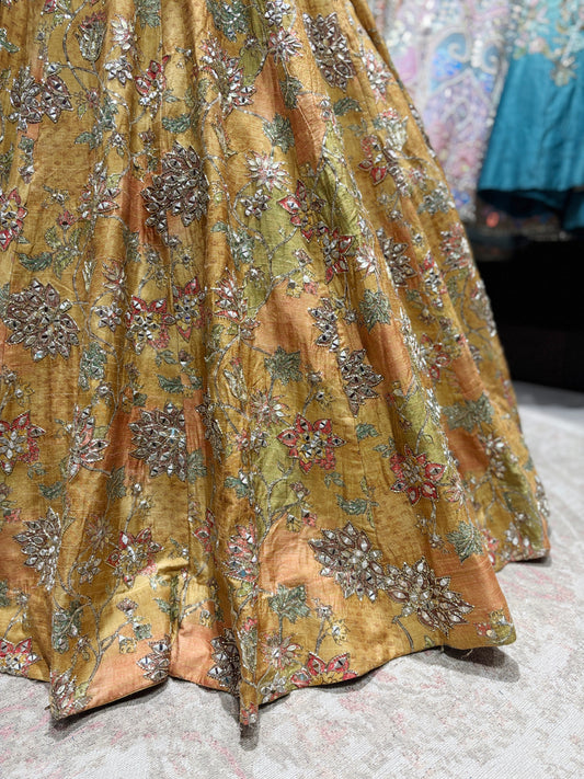 Golden Mustard Silk Lehenga with Mirror & Zari Embroidered Blouse