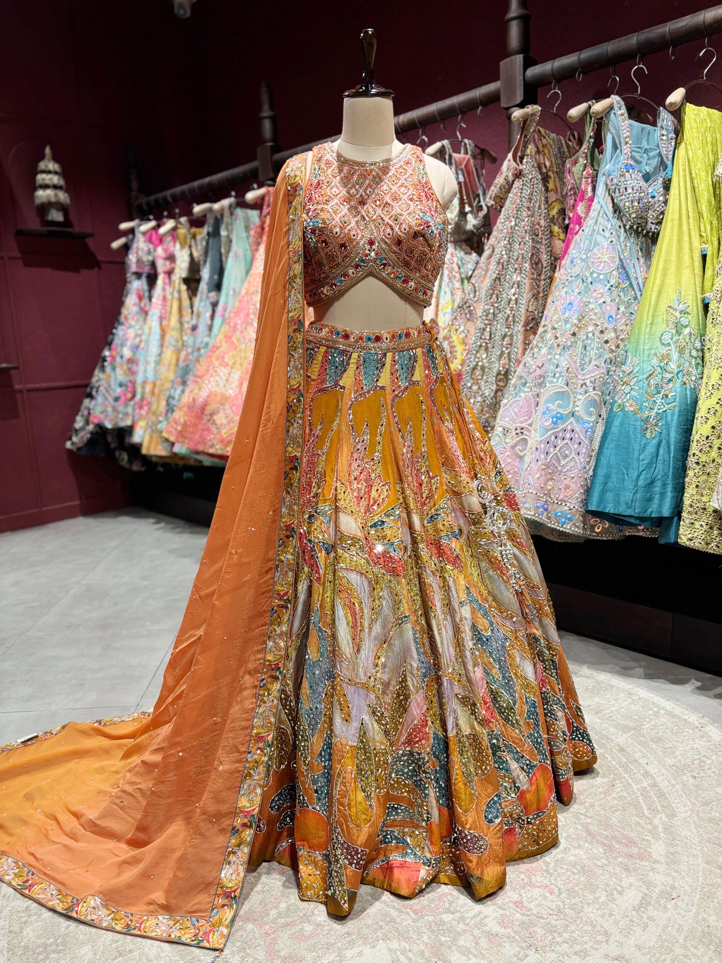 Multicolor Hand-Embroidered Silk Lehenga with Mirror Work & Dupatta