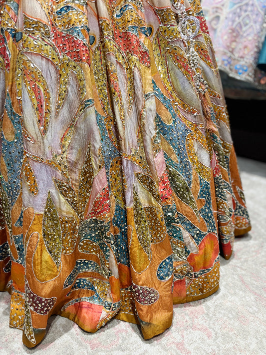 Multicolor Hand-Embroidered Silk Lehenga with Mirror Work & Dupatta