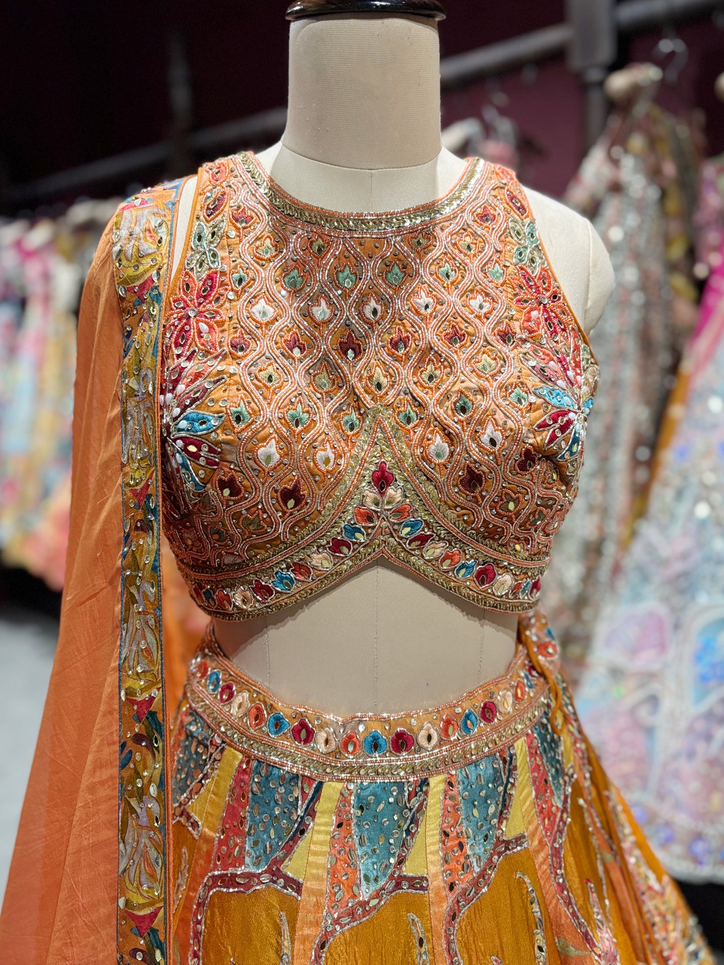 Multicolor Hand-Embroidered Silk Lehenga with Mirror Work & Dupatta