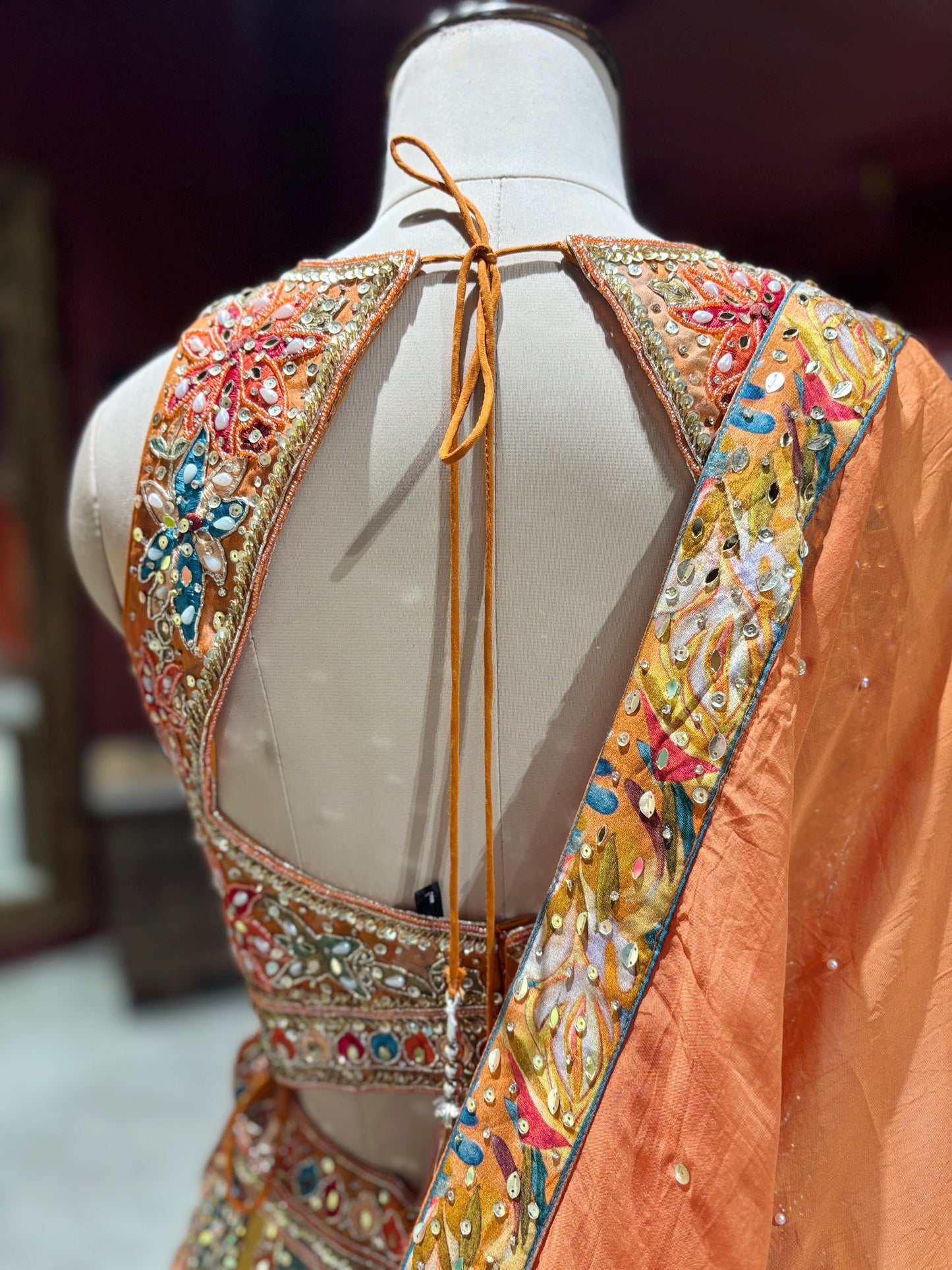 Multicolor Hand-Embroidered Silk Lehenga with Mirror Work & Dupatta