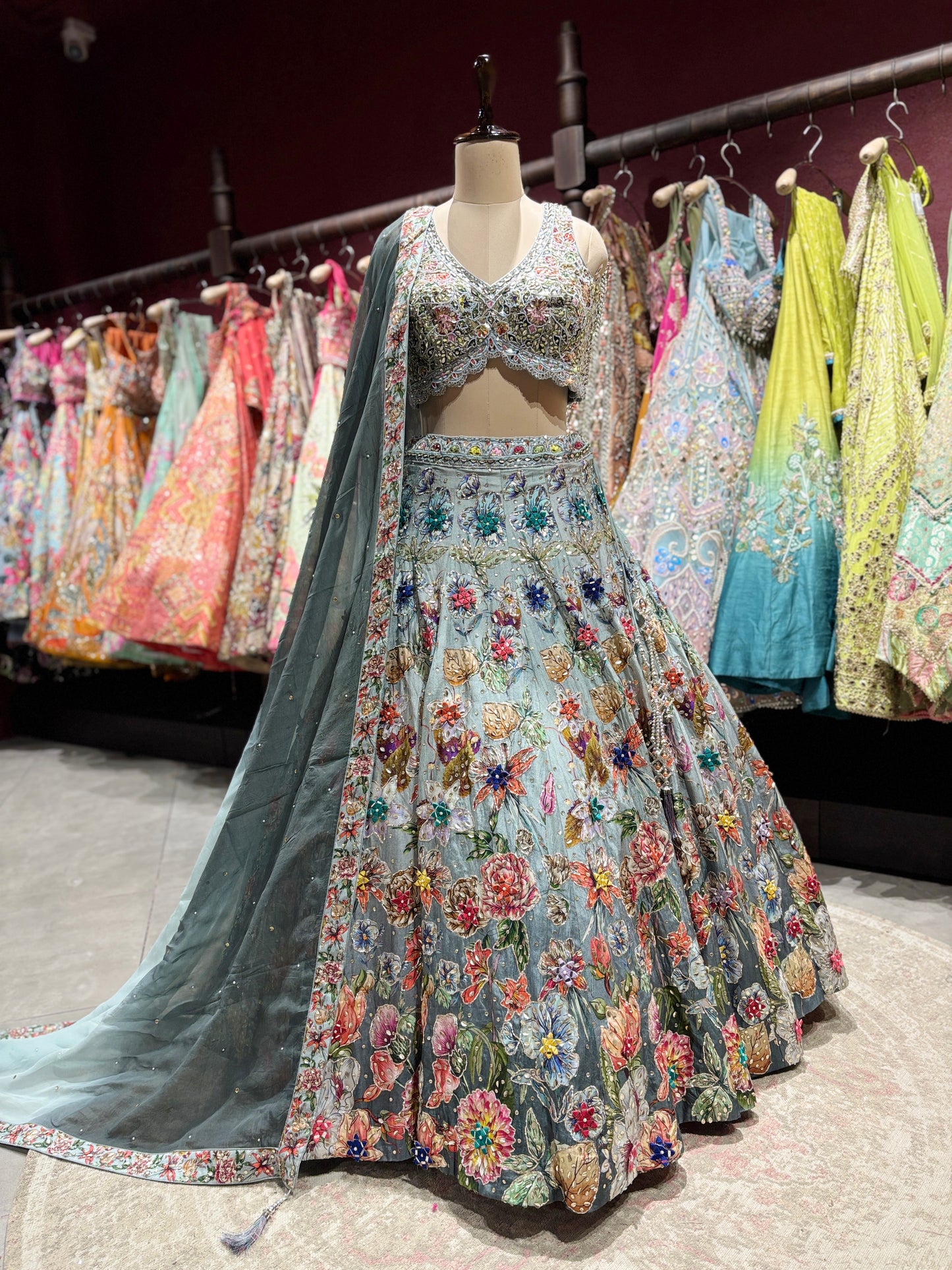 Powder Blue Floral Embroidered Lehenga with Mirror Work & Net Dupatta