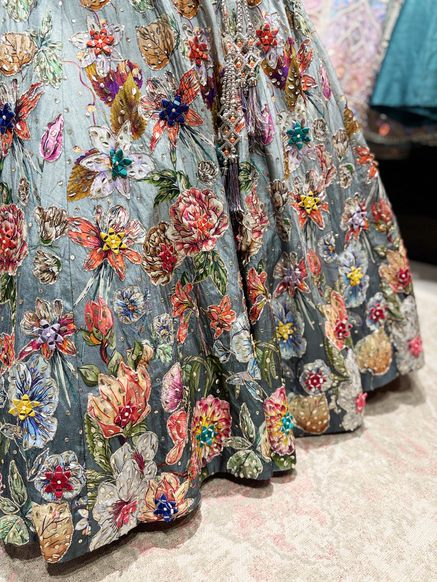 Powder Blue Floral Embroidered Lehenga with Mirror Work & Net Dupatta