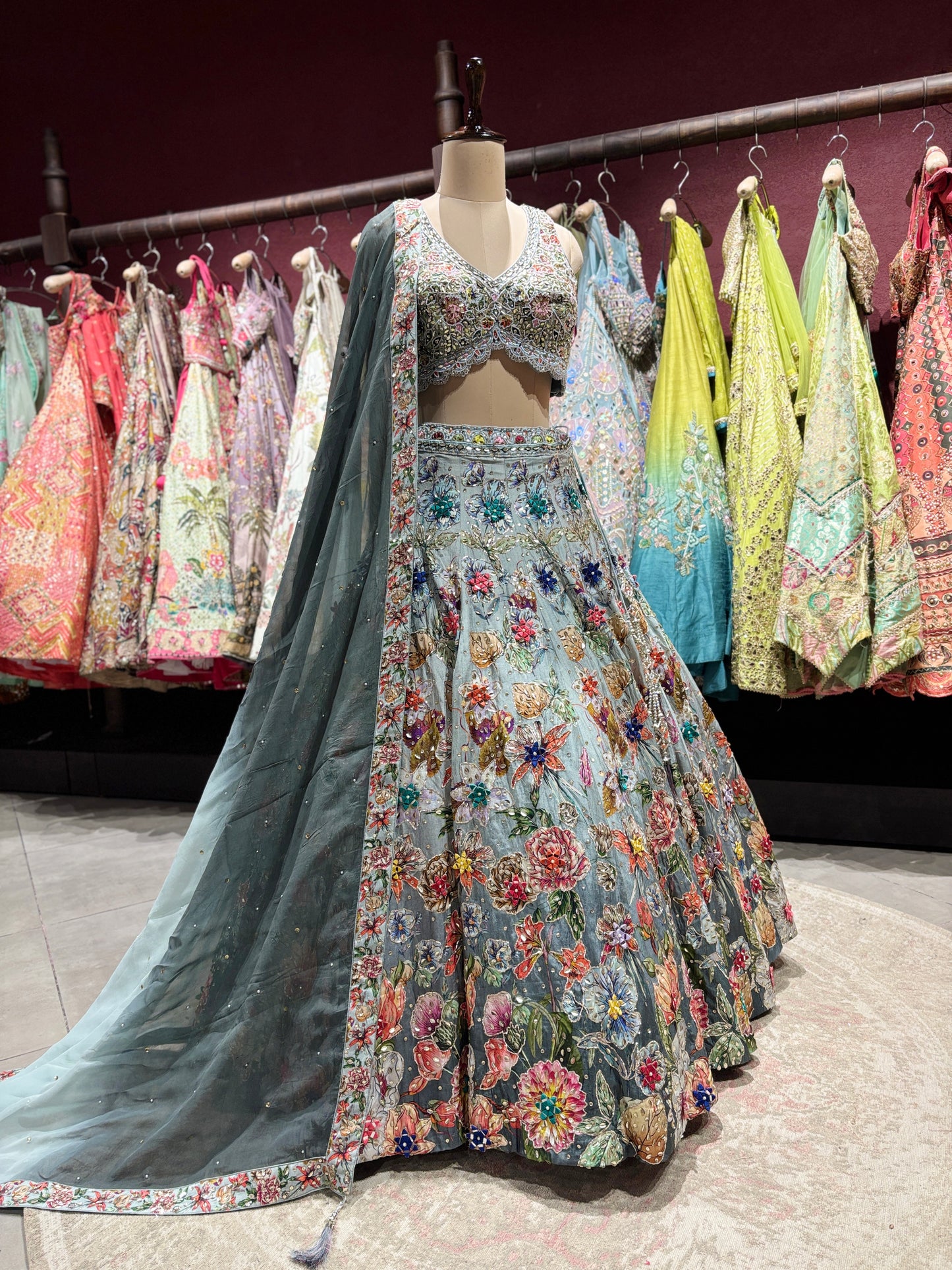Powder Blue Floral Embroidered Lehenga with Mirror Work & Net Dupatta
