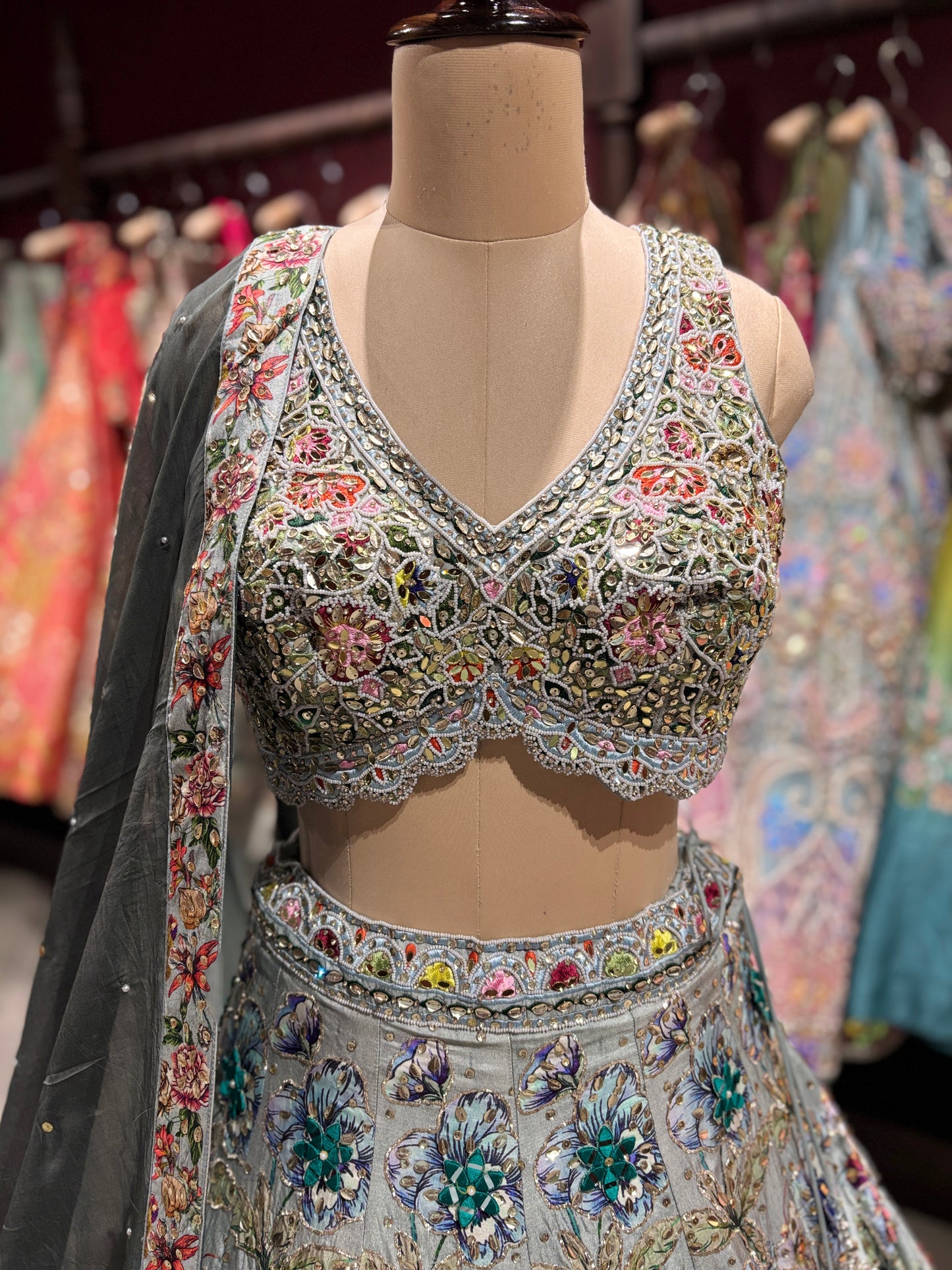 Powder Blue Floral Embroidered Lehenga with Mirror Work & Net Dupatta