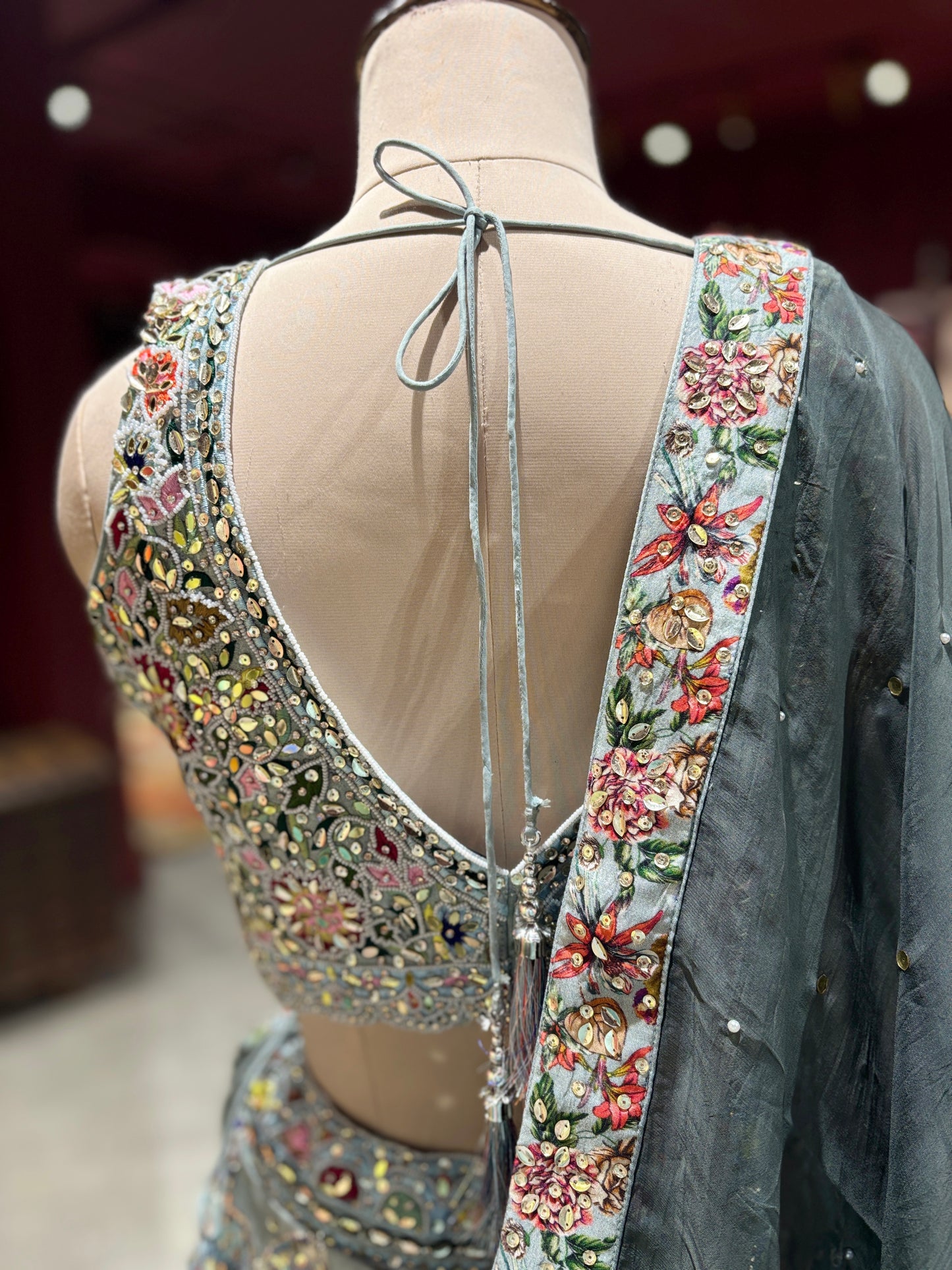 Powder Blue Floral Embroidered Lehenga with Mirror Work & Net Dupatta