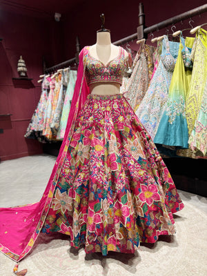 Rani Pink Floral Embroidered Silk Lehenga with Zari Work & Dupatta