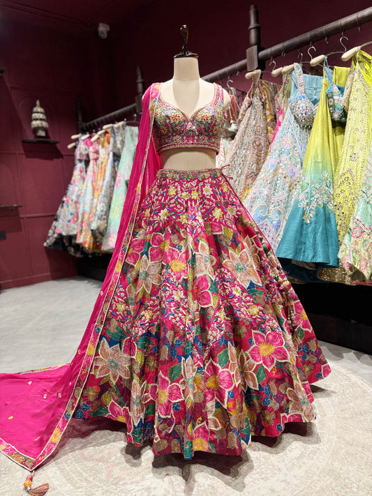Rani Pink Floral Embroidered Silk Lehenga with Zari Work & Dupatta
