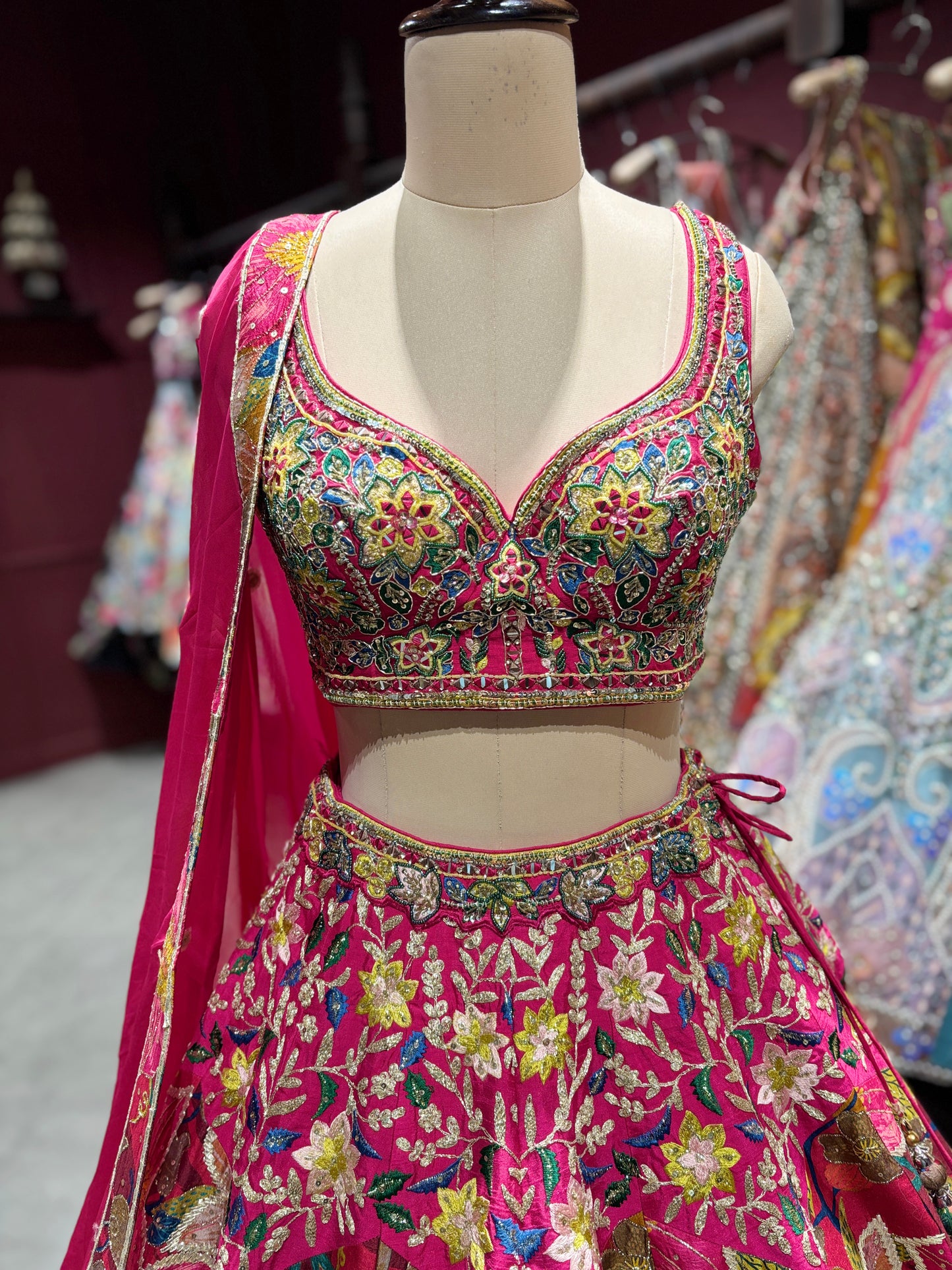 Rani Pink Floral Embroidered Silk Lehenga with Zari Work & Dupatta