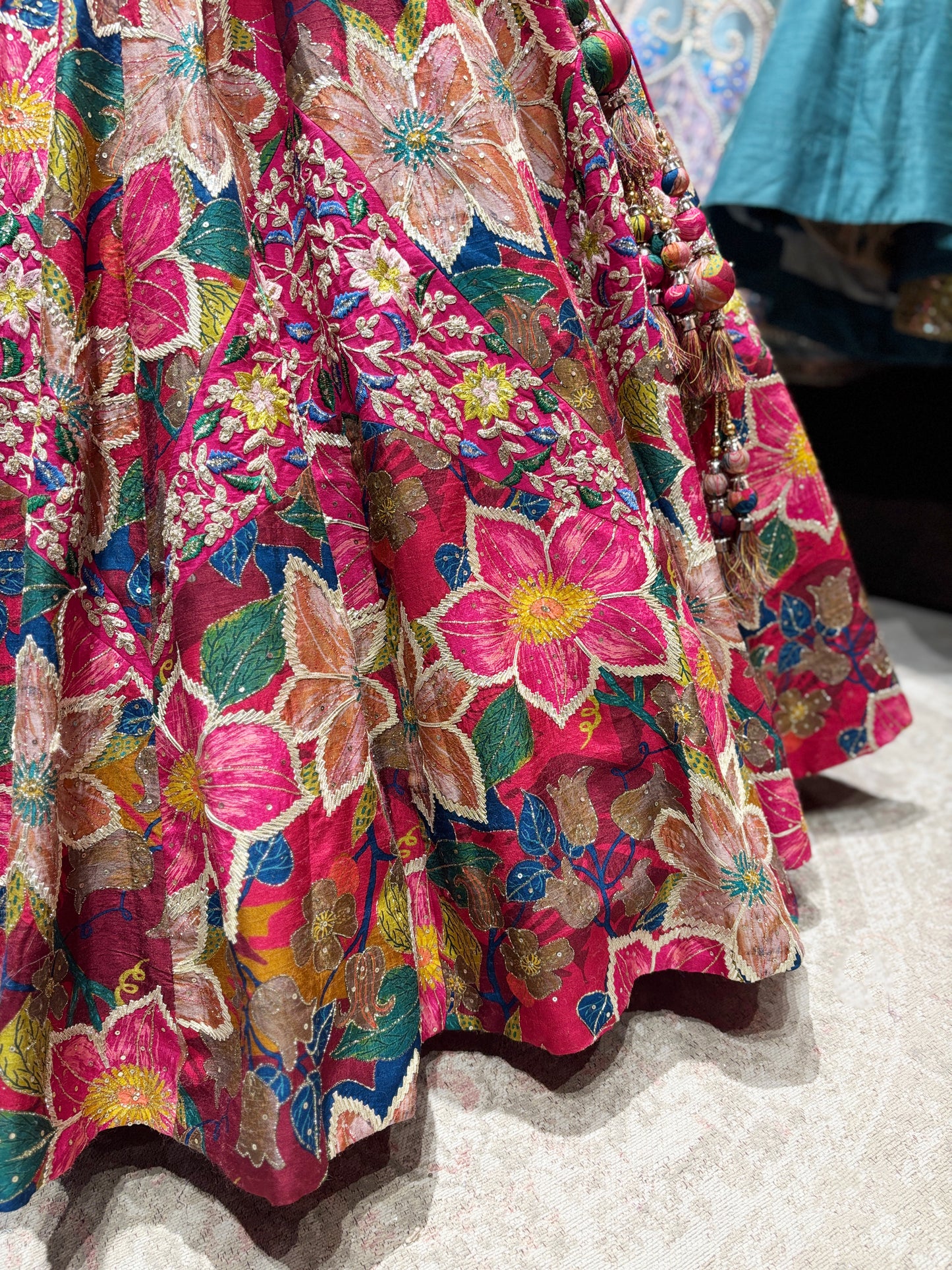 Rani Pink Floral Embroidered Silk Lehenga with Zari Work & Dupatta