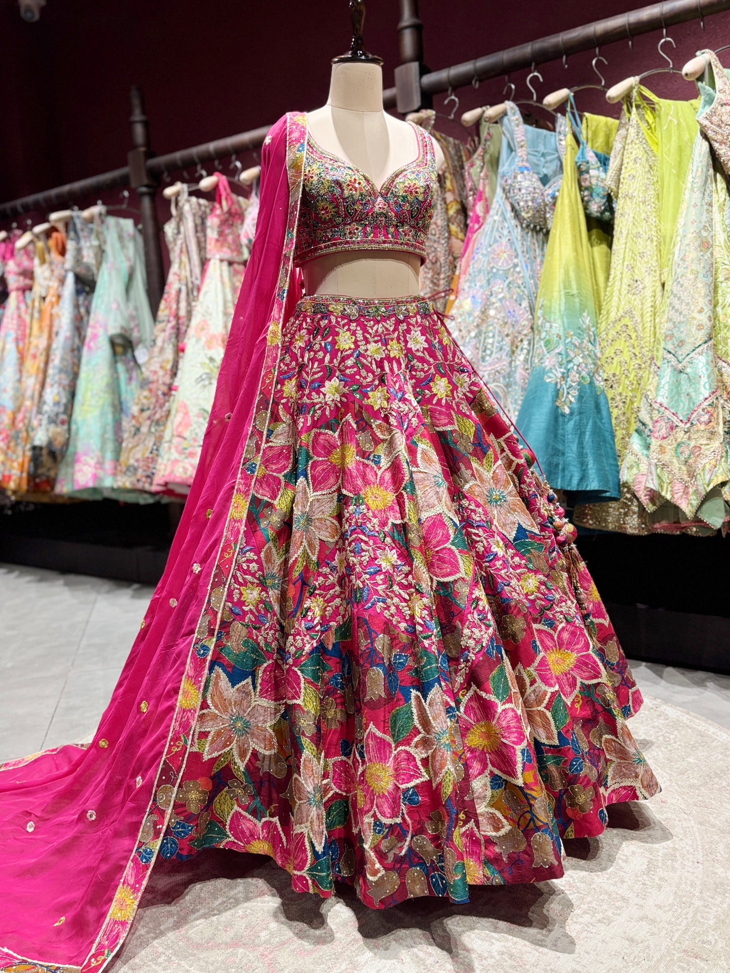 Rani Pink Floral Embroidered Silk Lehenga with Zari Work & Dupatta