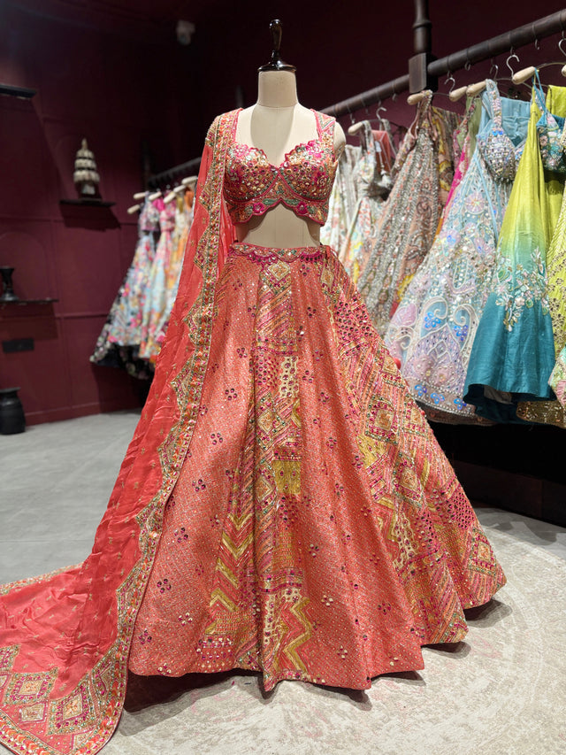 Coral Peach Embroidered Silk Lehenga with Mirror Work & Dupatta
