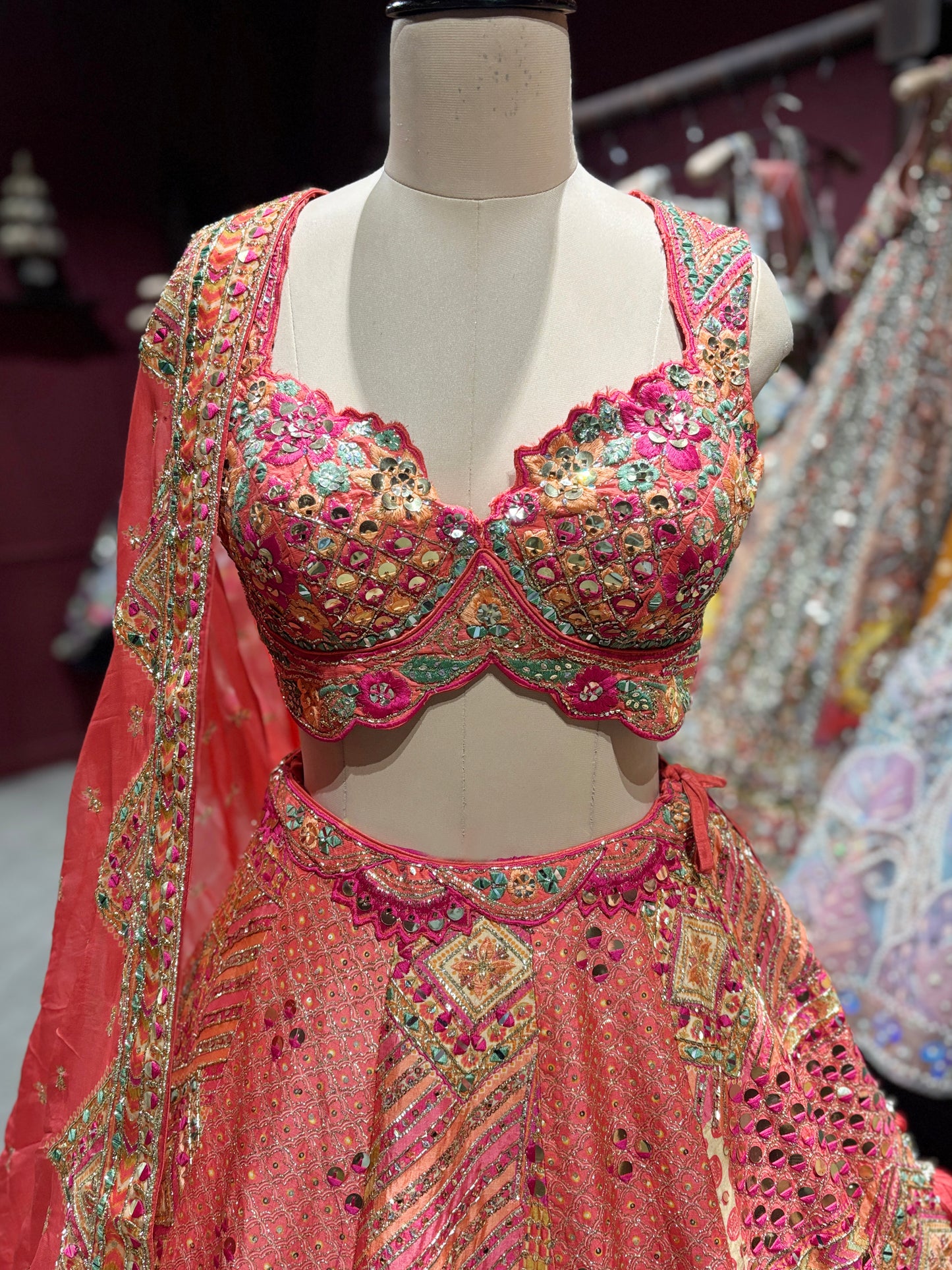 Coral Peach Embroidered Silk Lehenga with Mirror Work & Dupatta