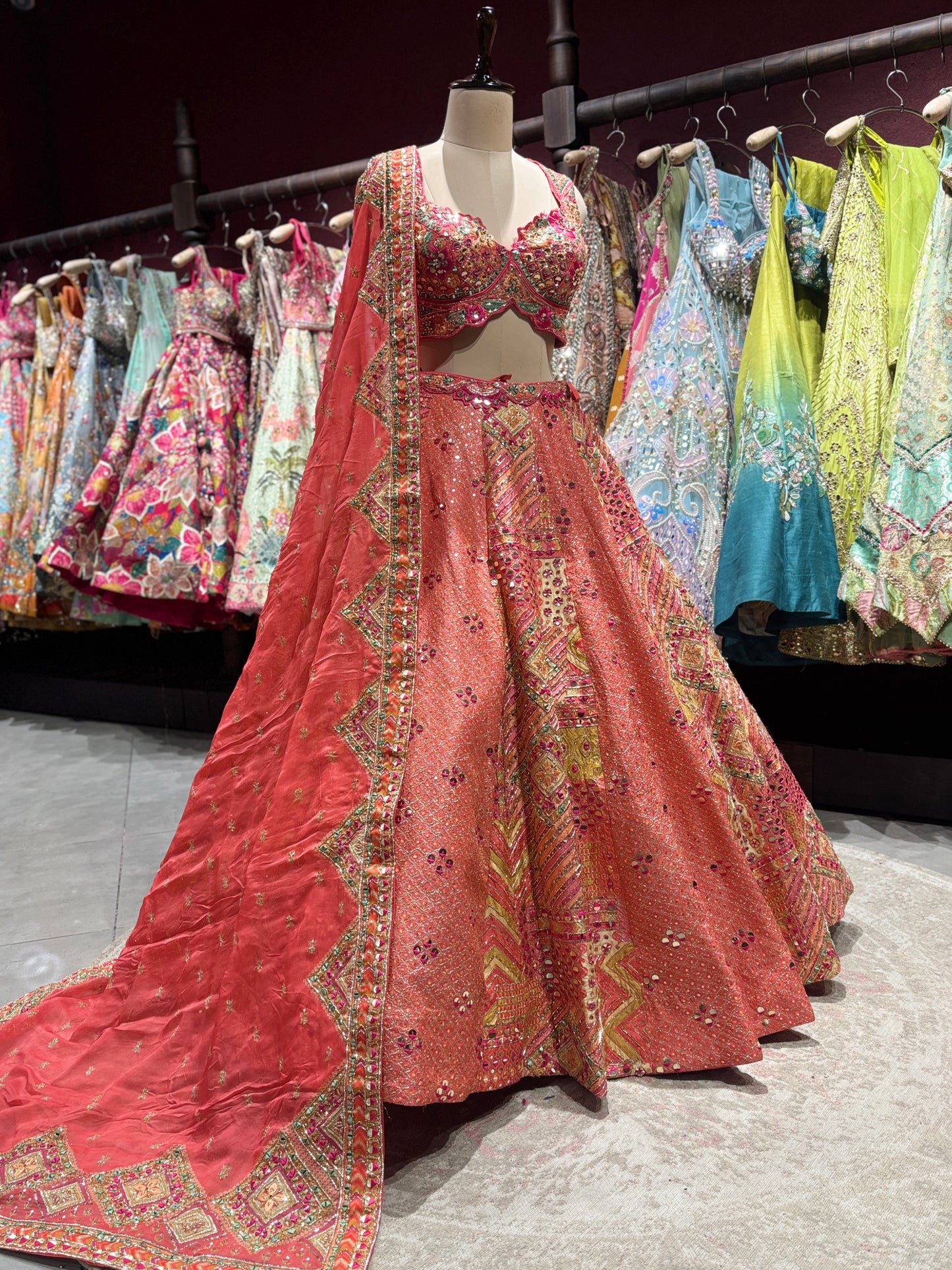 Coral Peach Embroidered Silk Lehenga with Mirror Work & Dupatta