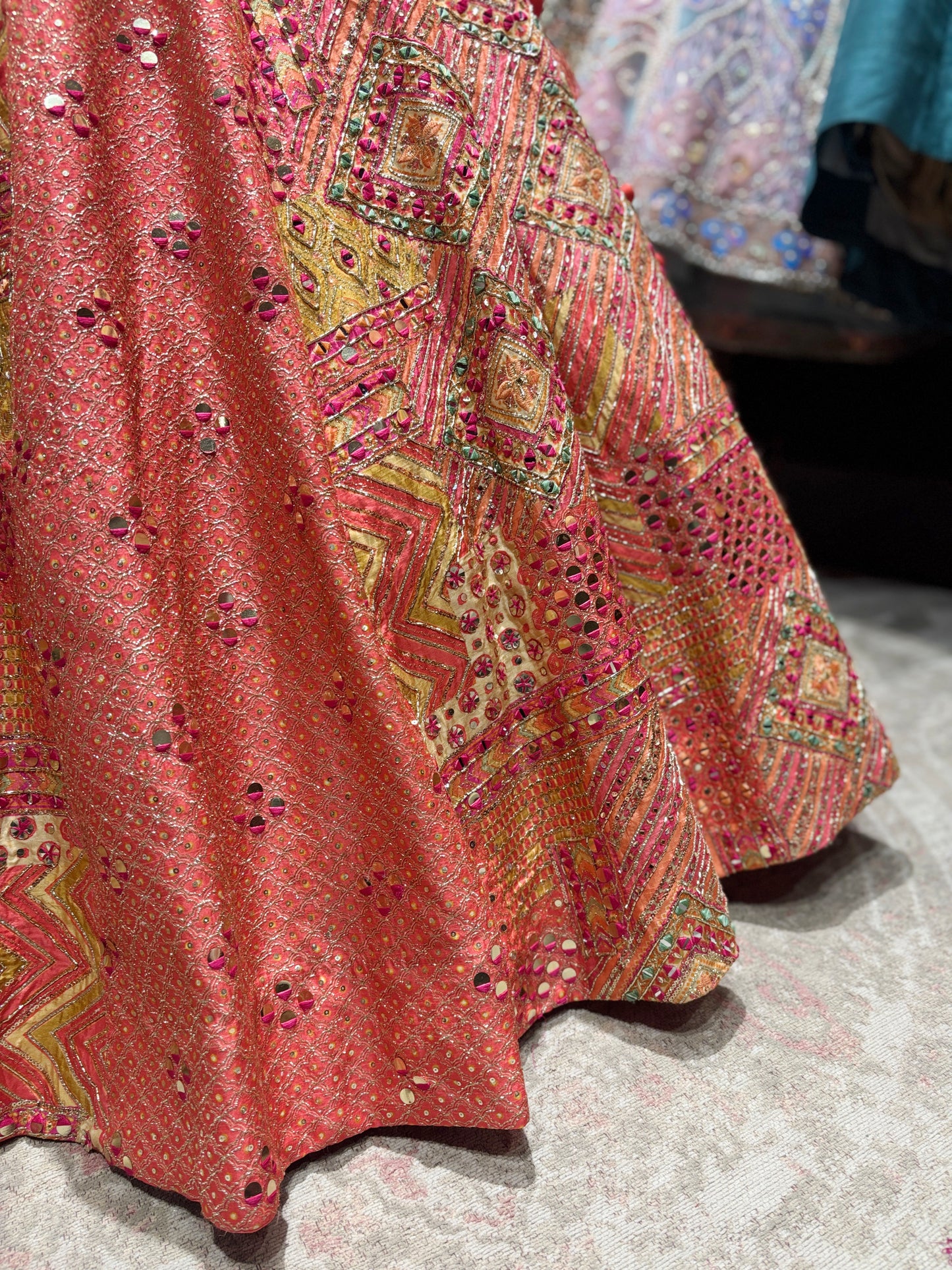 Coral Peach Embroidered Silk Lehenga with Mirror Work & Dupatta