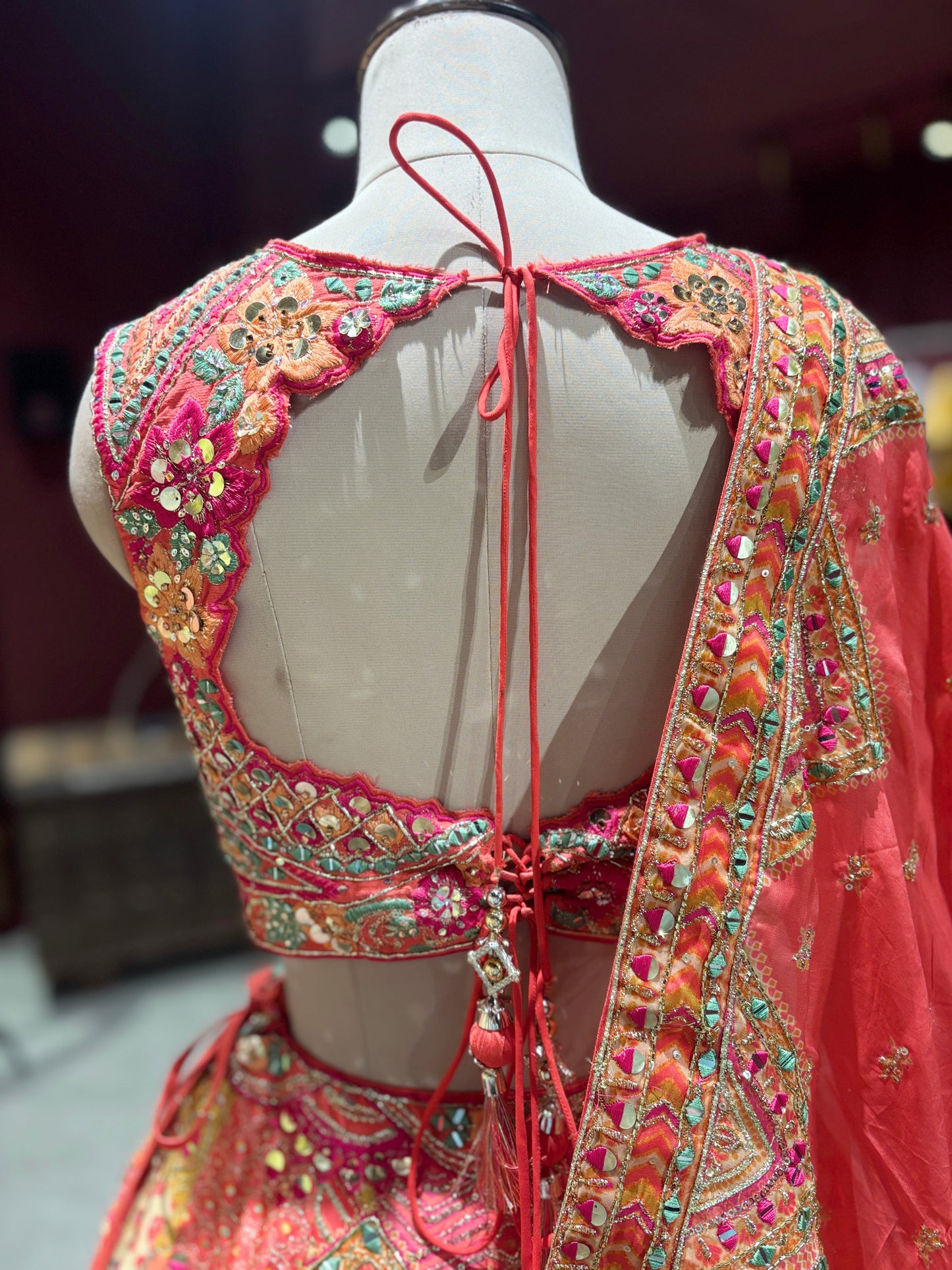 Coral Peach Embroidered Silk Lehenga with Mirror Work & Dupatta