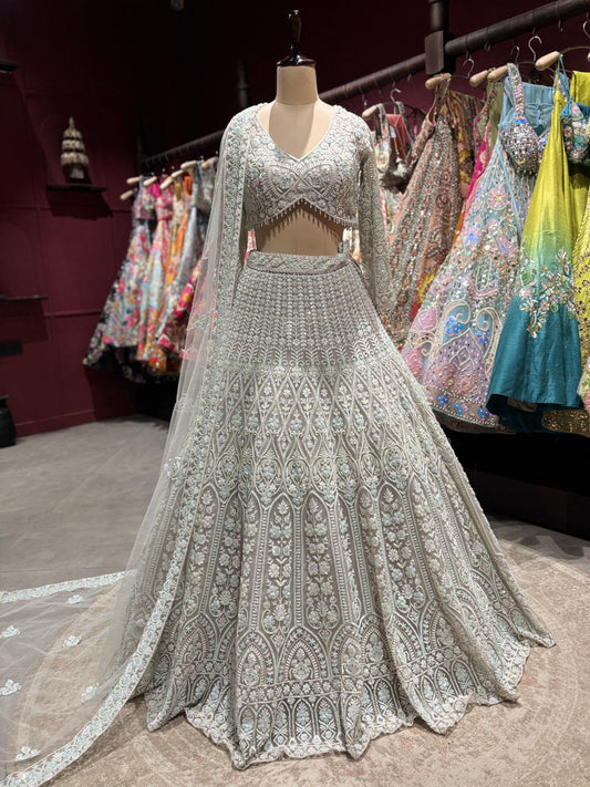 Grey Heavy Embroidered DesignerLehenga with Net Dupatta