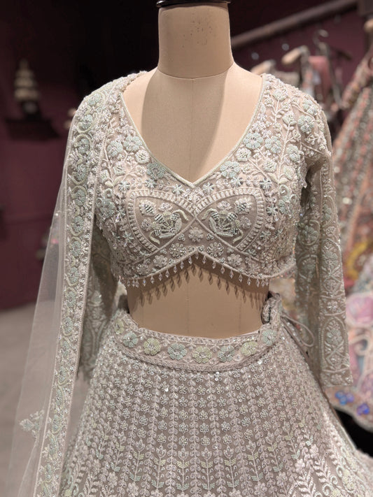 Grey Heavy Embroidered DesignerLehenga with Net Dupatta