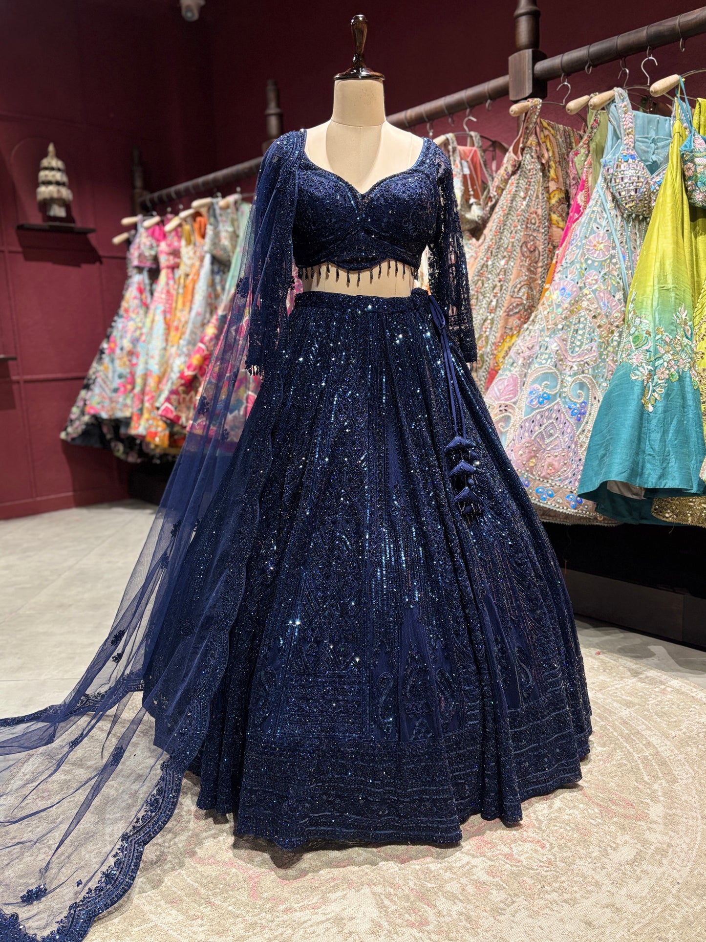 Navy Blue Sequin Embroidered Lehenga with Net Dupatta