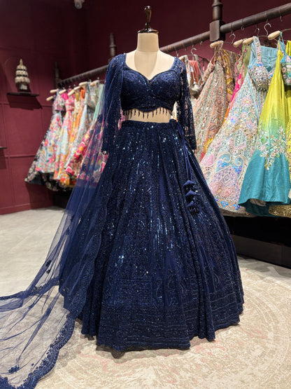 Navy Blue Sequin Embroidered Lehenga with Net Dupatta