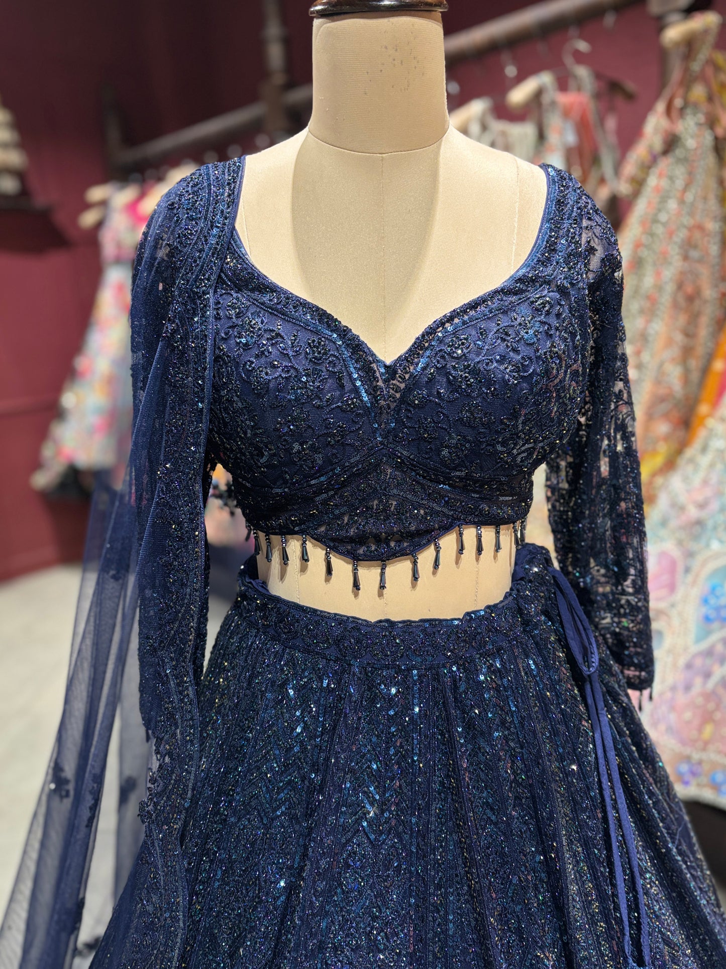 Navy Blue Sequin Embroidered Lehenga with Net Dupatta
