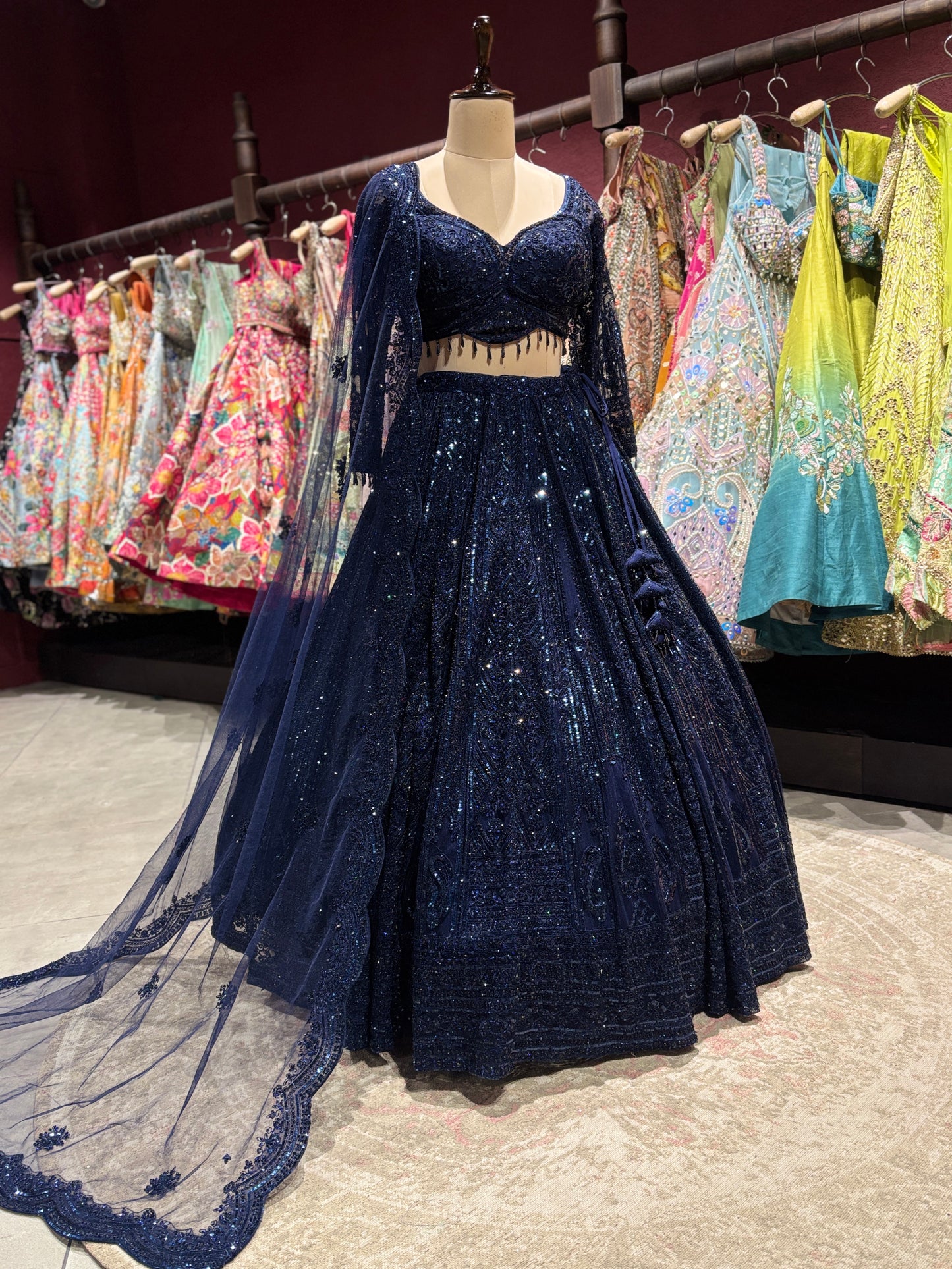 Navy Blue Sequin Embroidered Lehenga with Net Dupatta